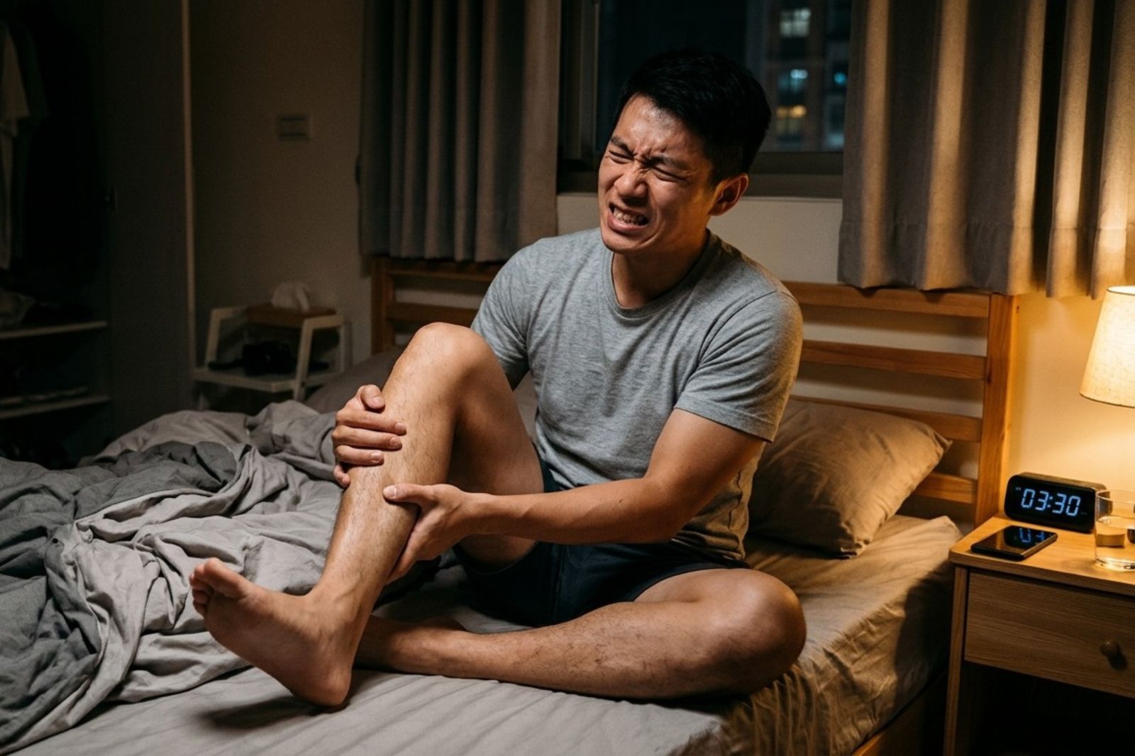 夜間小腿抽筋不一定是缺鈣,肌肉疲勞、久坐、藥物副作用都可能是原因。(示意圖)