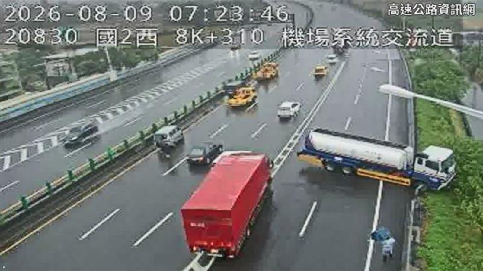 油罐車撞護欄打橫!國2大竹段「3車道被占」 車流塞成一片