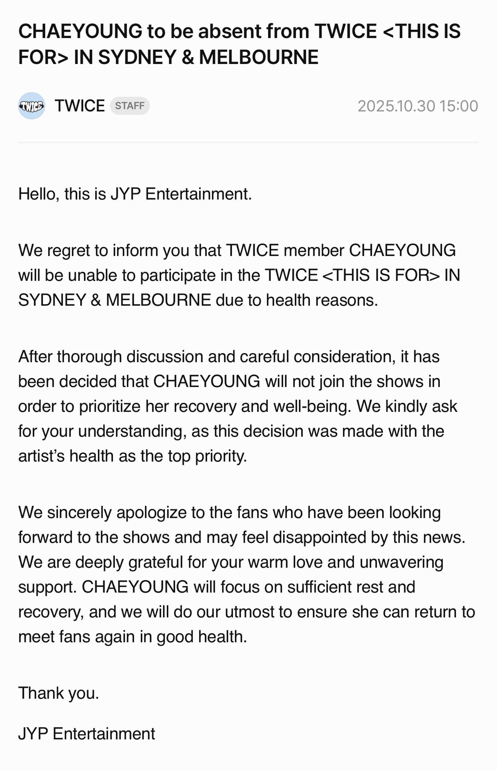 JYP發布彩瑛缺席的公告。翻攝X@JYPETWICE