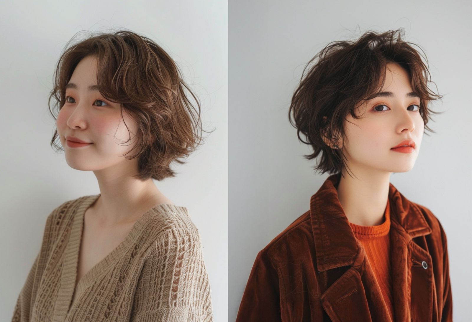 「歐姆蕾蛋糕捲」（左）的復古嬉皮燙與「紅酒洋梨果凍」（右）的水波紋燙，演繹個性與優雅兩種截然不同的風格。圖／AI輔助創作視覺，曼都髮型提供