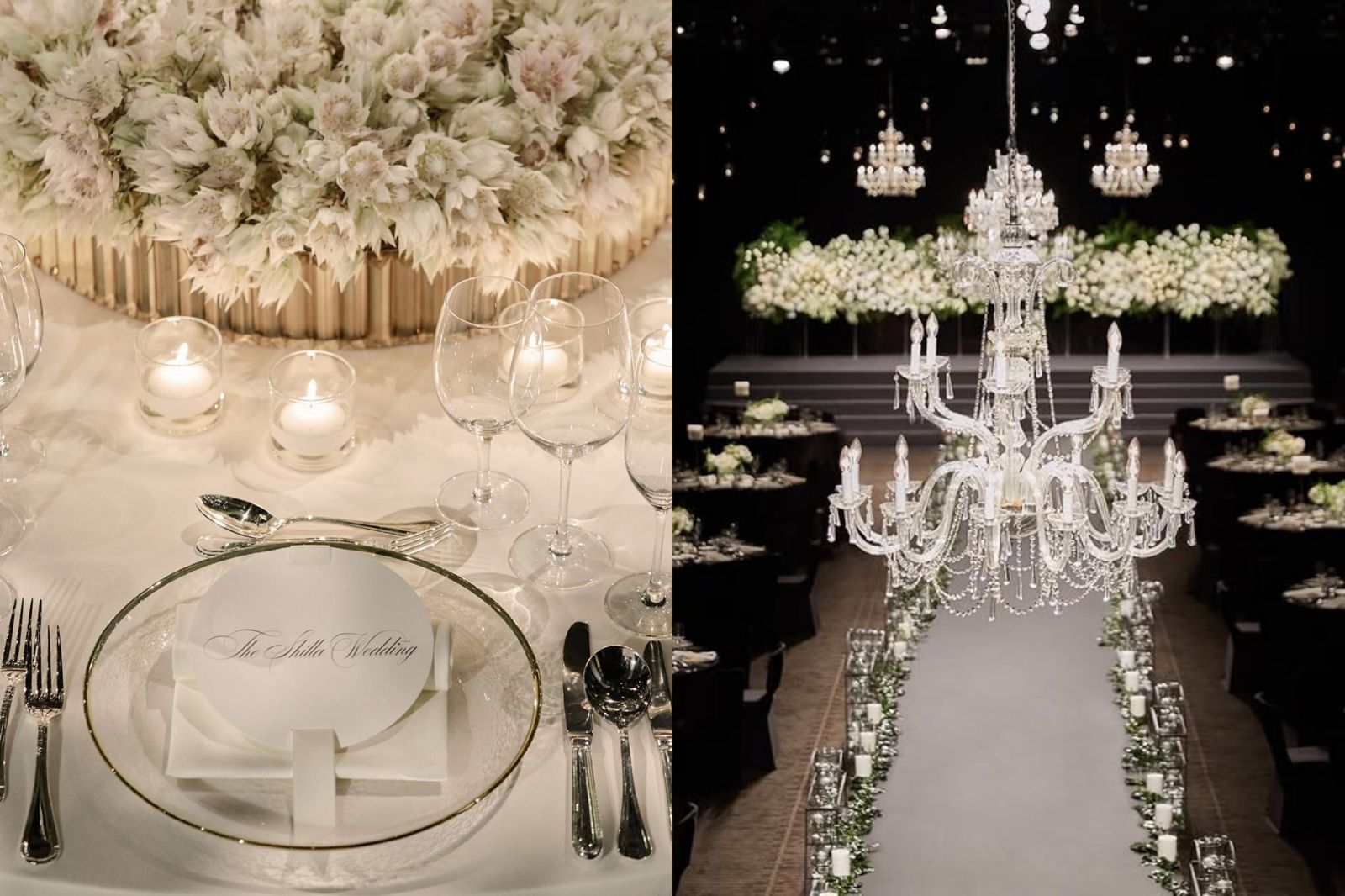 新羅酒店的婚宴以高級場佈聞名，華麗璀璨的水晶燈更是亮點之一。翻攝IG@the.shilla.wedding