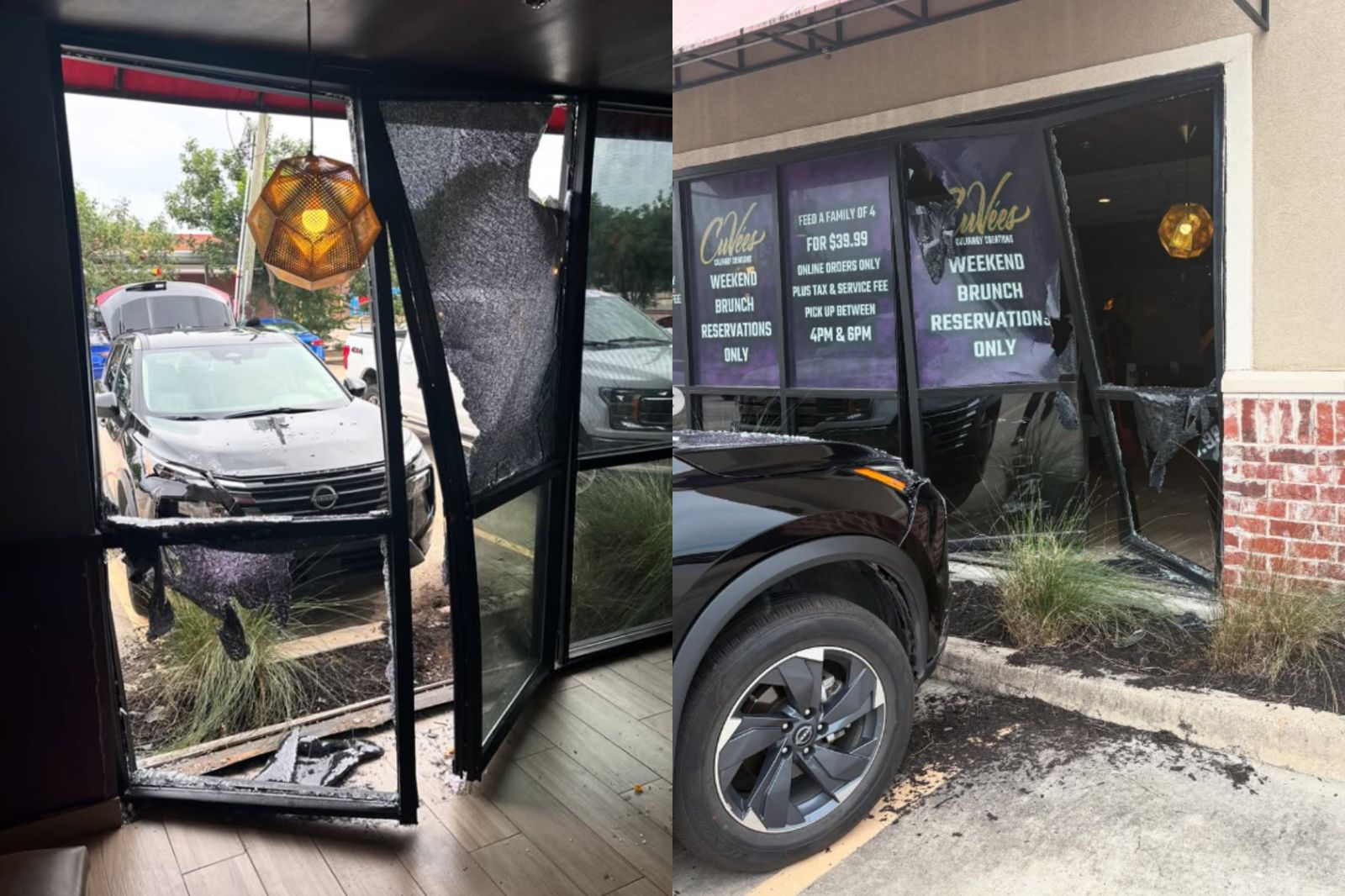 一部休旅車衝撞進餐廳，窗框明顯變形。圖／翻攝自IG＠cuveesculinarycreations