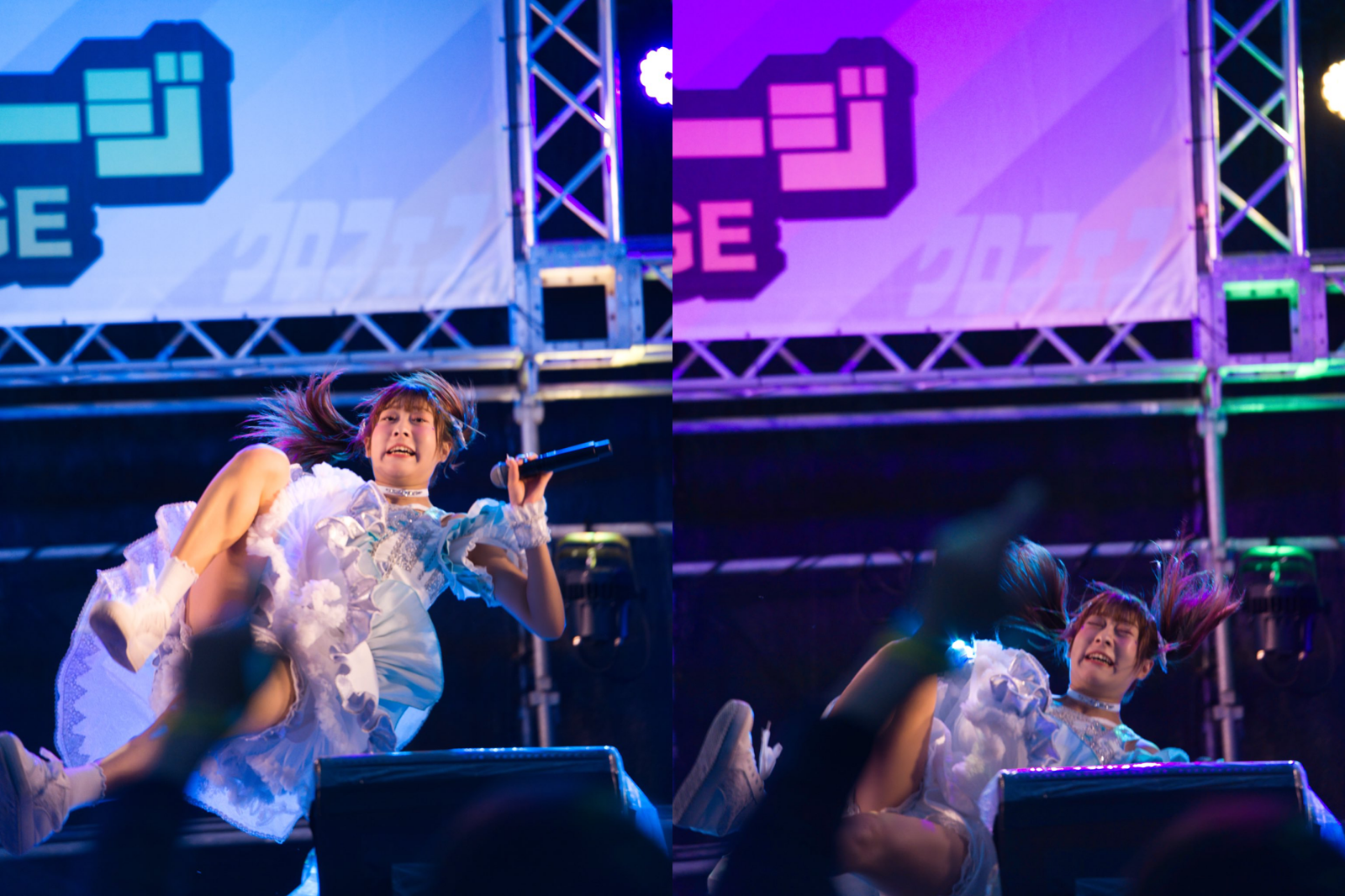天城里緒菜表演時不慎失足重摔,臉部表情全被拍。圖/翻攝自X@cherie_riona