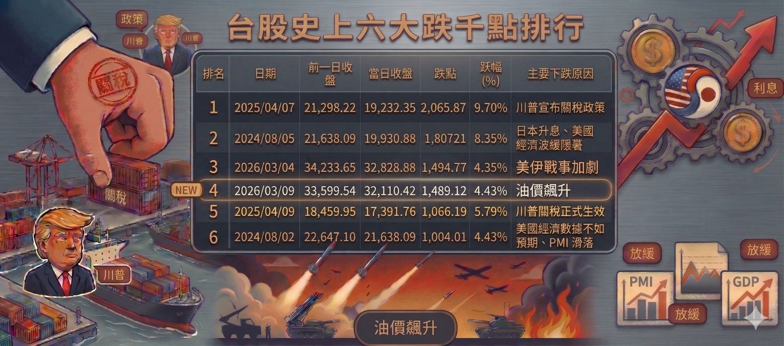 中東危機油價狂飆引爆股災 台股盤中狂殺逾2070點 收盤險守32000點106檔嚇趴跌停