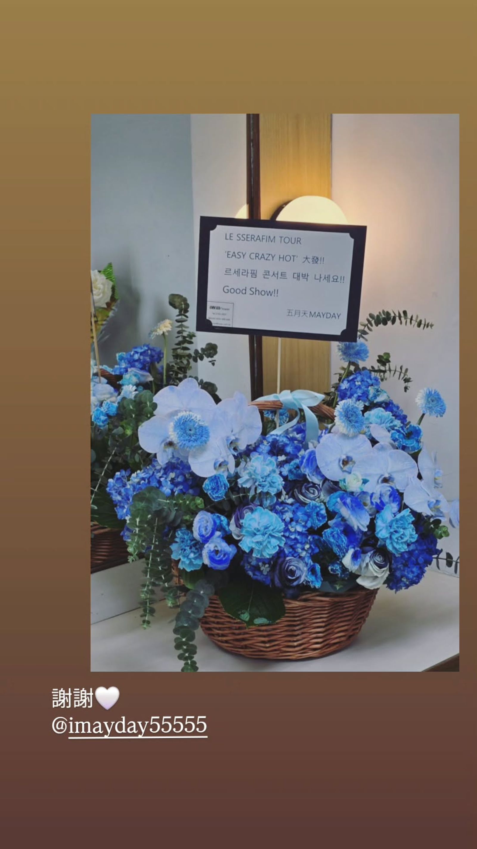 成員中村一葉特別用繁體中文打出謝謝，並附上白色愛心圖示感謝五月天。翻攝IG@zuhazana