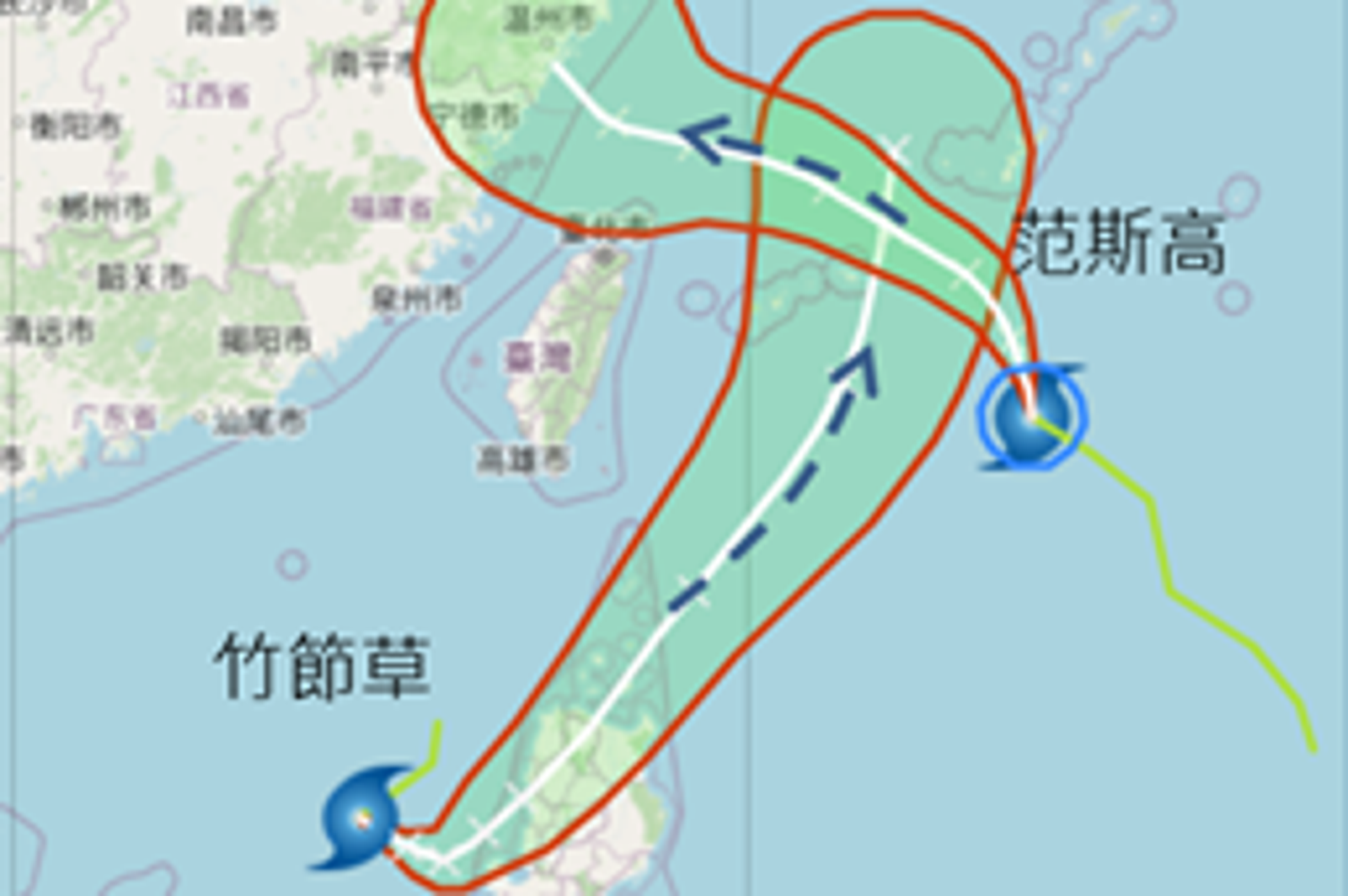 范斯高及竹節草雙颱呈現逆時鐘互繞的路徑。圖／翻攝自財團法人氣象應用推廣基金會