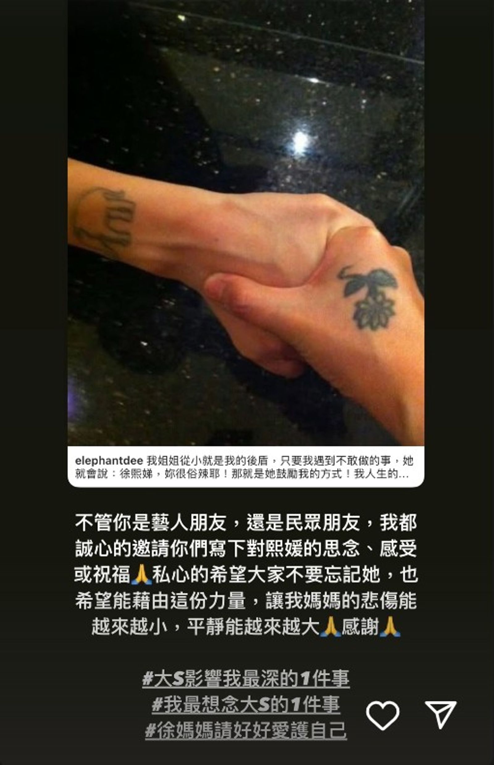 小S在限動呼籲大家多在社群發文。翻攝IG@elephantdee