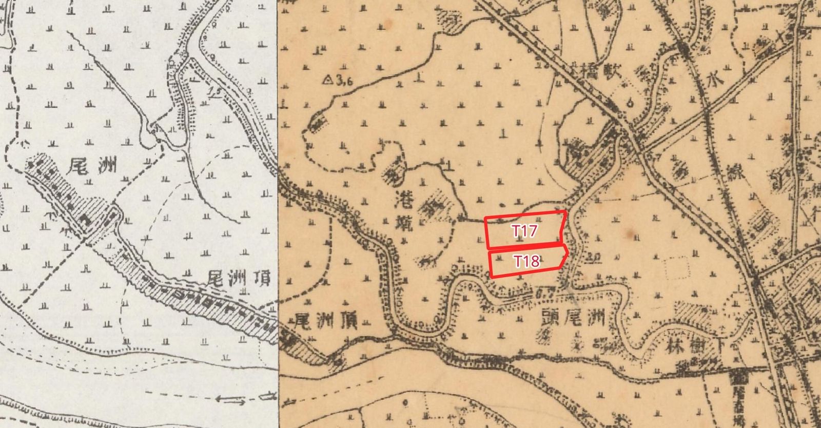 T17基地與T18基地的「百年前世」，當時都是一大片農田。圖／翻自中央研究院臉書