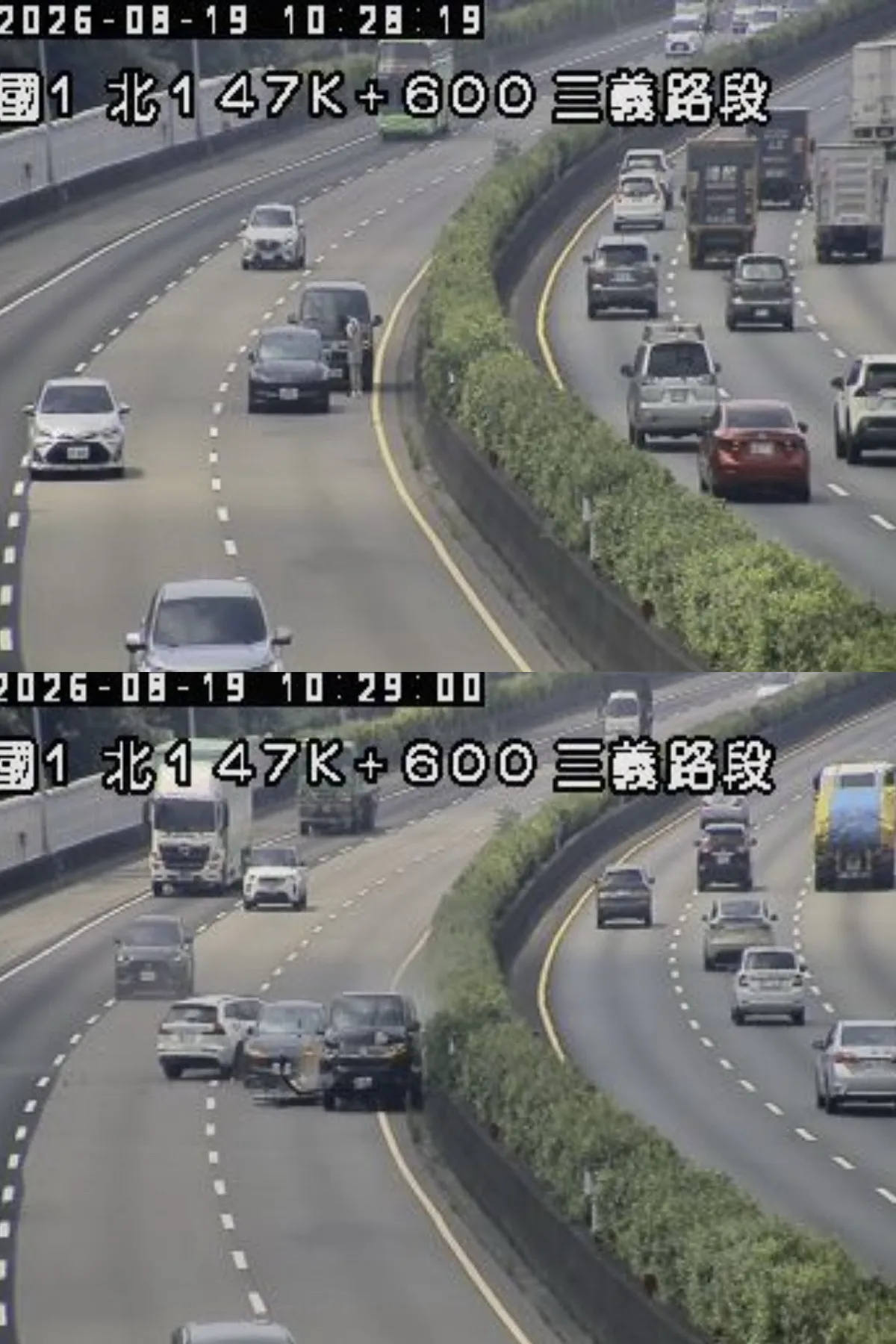 20260819國道CCTV顯示時間10:28:19，當時在內線車道黑色福斯箱型車跟黑色特斯拉發生碰撞車禍事故，有一名駕駛（身分待確認）下車查看，2車隨即遭白車追撞(圖下)。翻攝國道路況即時畫面