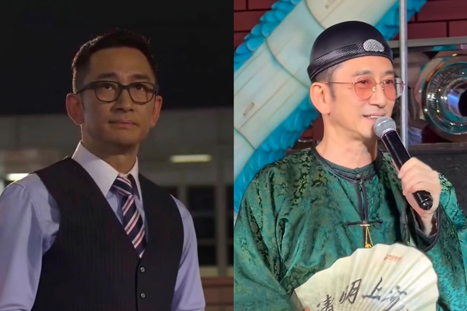 吳啟華日前穿著周星馳電影《九品芝麻官》中「方唐鏡」的古裝,在雨中賣力唱歌演出。圖/翻攝微博