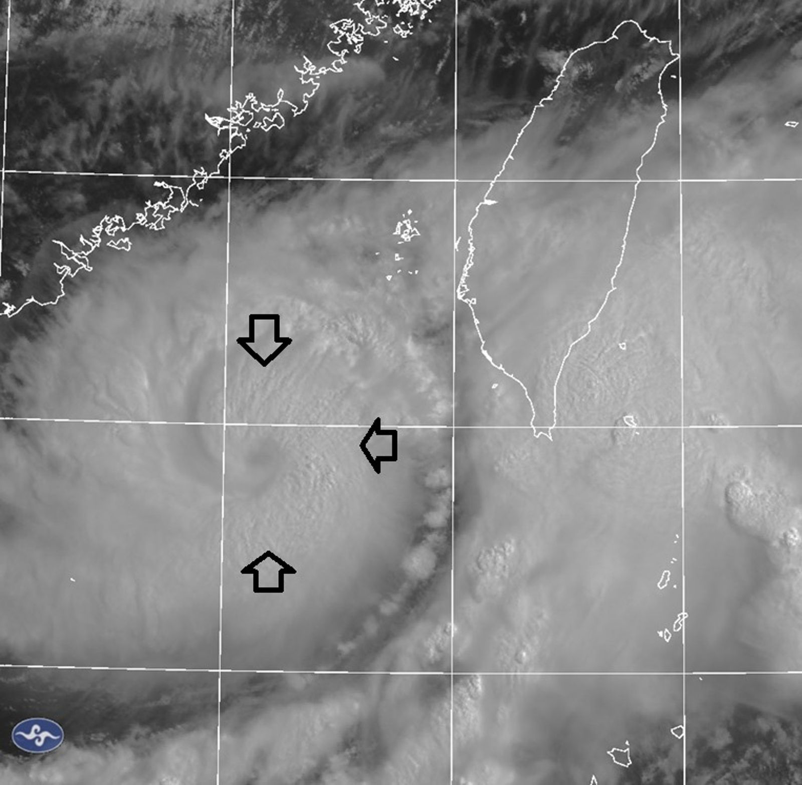鄭明典表示，丹娜絲颱風圖中小箭頭指的彎曲或螺旋雲帶，這種雲頂是強對流的特徵。圖／鄭明典臉書