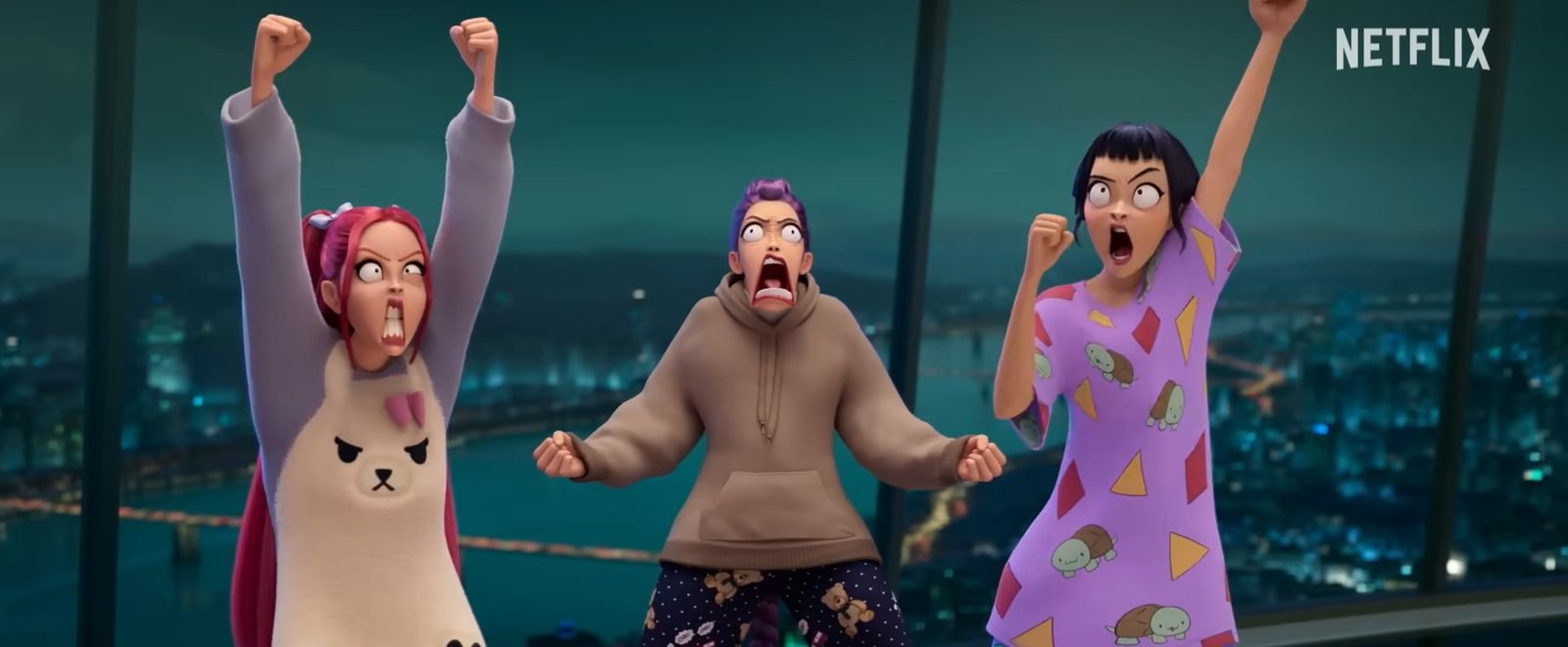 《Kpop獵魔女團》的女團Huntr/x私下不拘於泥的形象刻畫生動。圖／翻攝自YouTube／Sony Pictures Animation