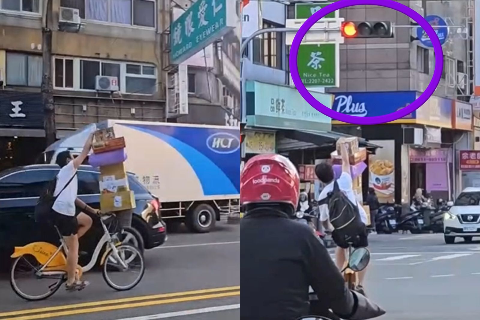 逆向又闖紅燈！台中男「疊6紙箱」穩騎U-Bike　用路人傻眼
