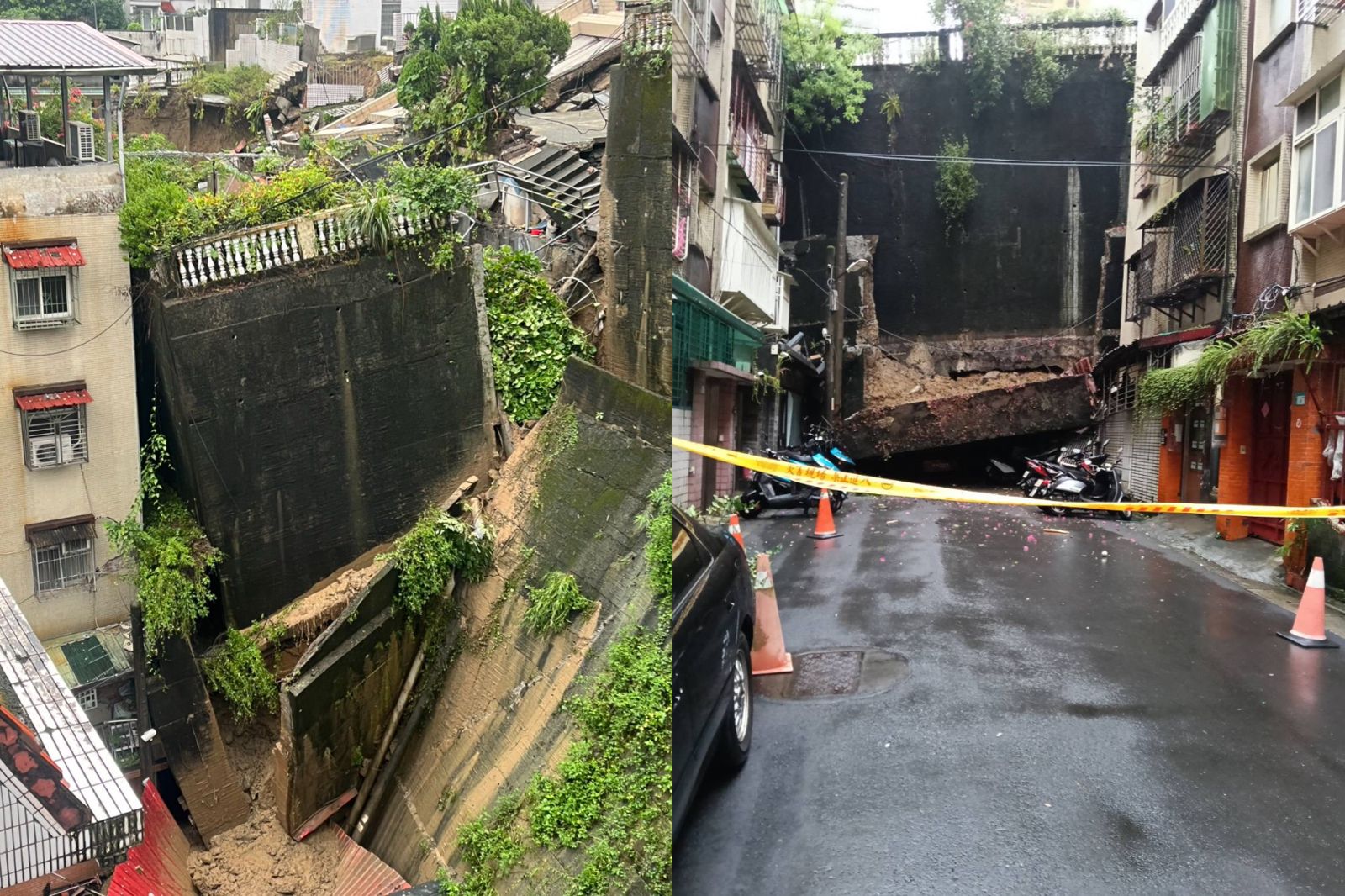 新店錦秀社區擋土牆崩塌。圖/翻攝自Threads@liudaxiong_0713