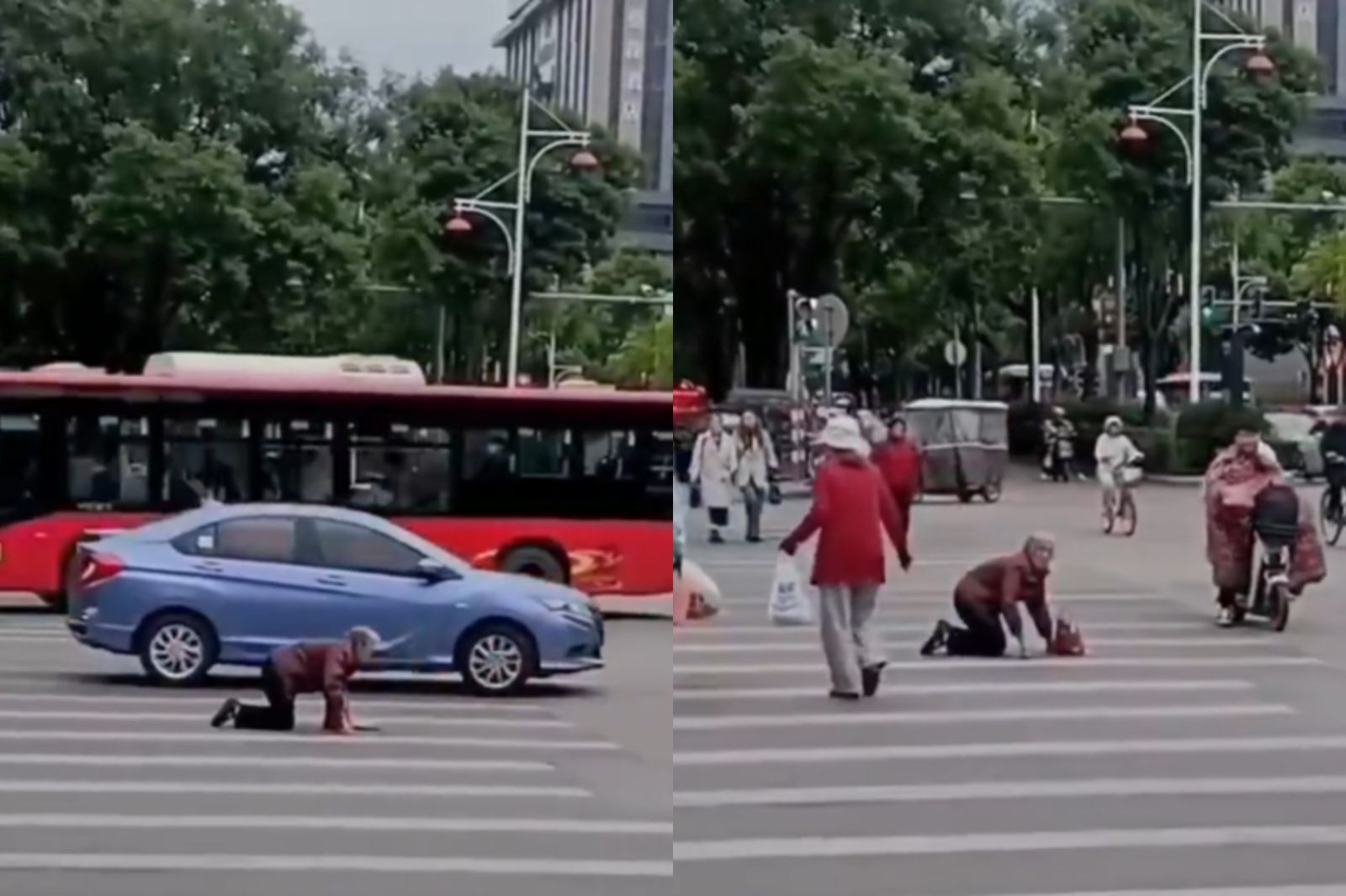 大馬路中央跌倒！中國老婦「跪爬躲大車」　行人路過全無視