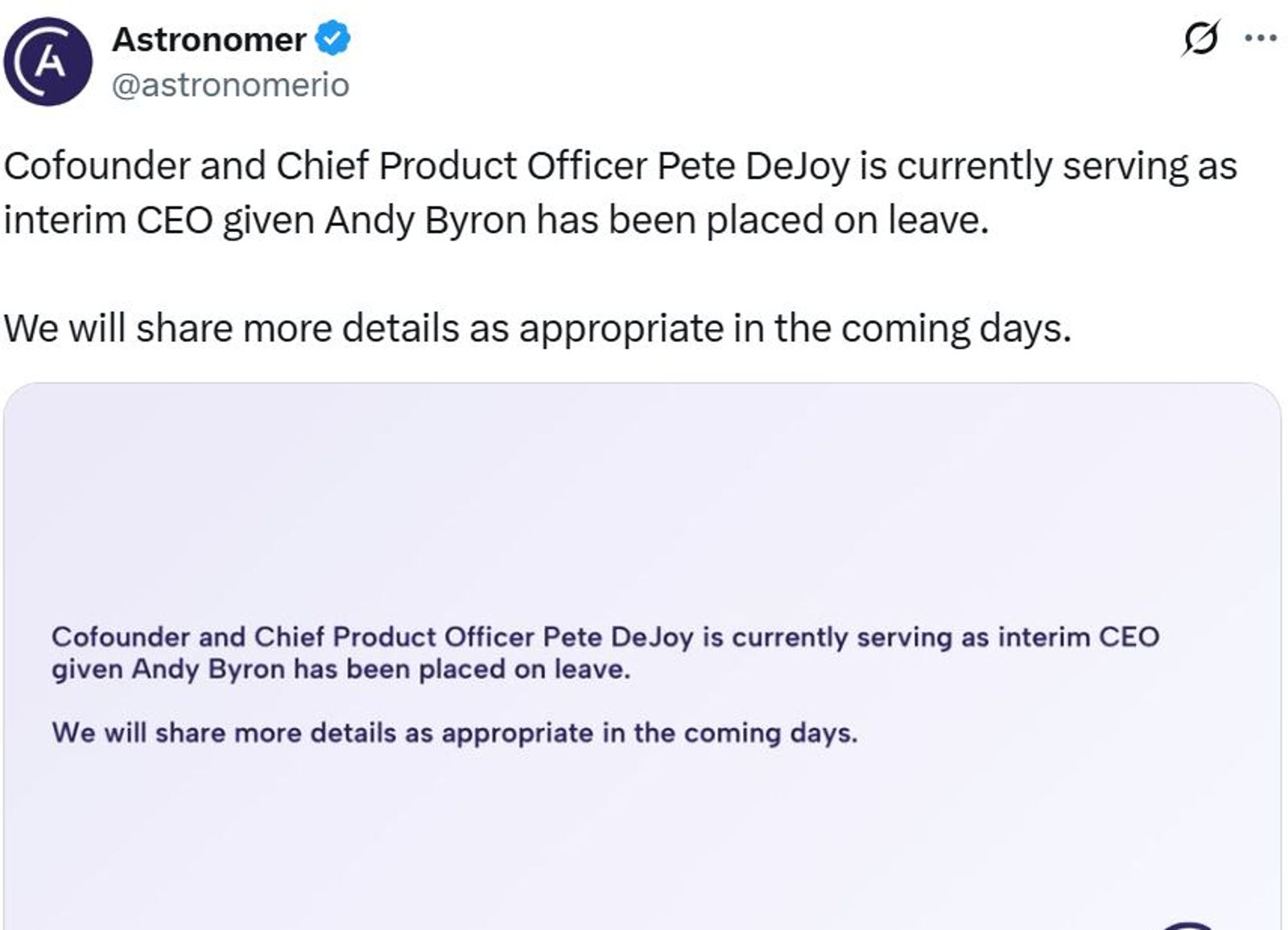 Astronomer聲明執行長安迪拜倫目前停職中。翻攝Astronomer官方X