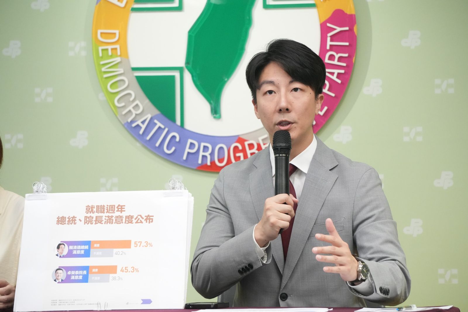 賴政府執政1週年，民進黨發言人吳崢公布最新民調。（圖／民進黨提供）