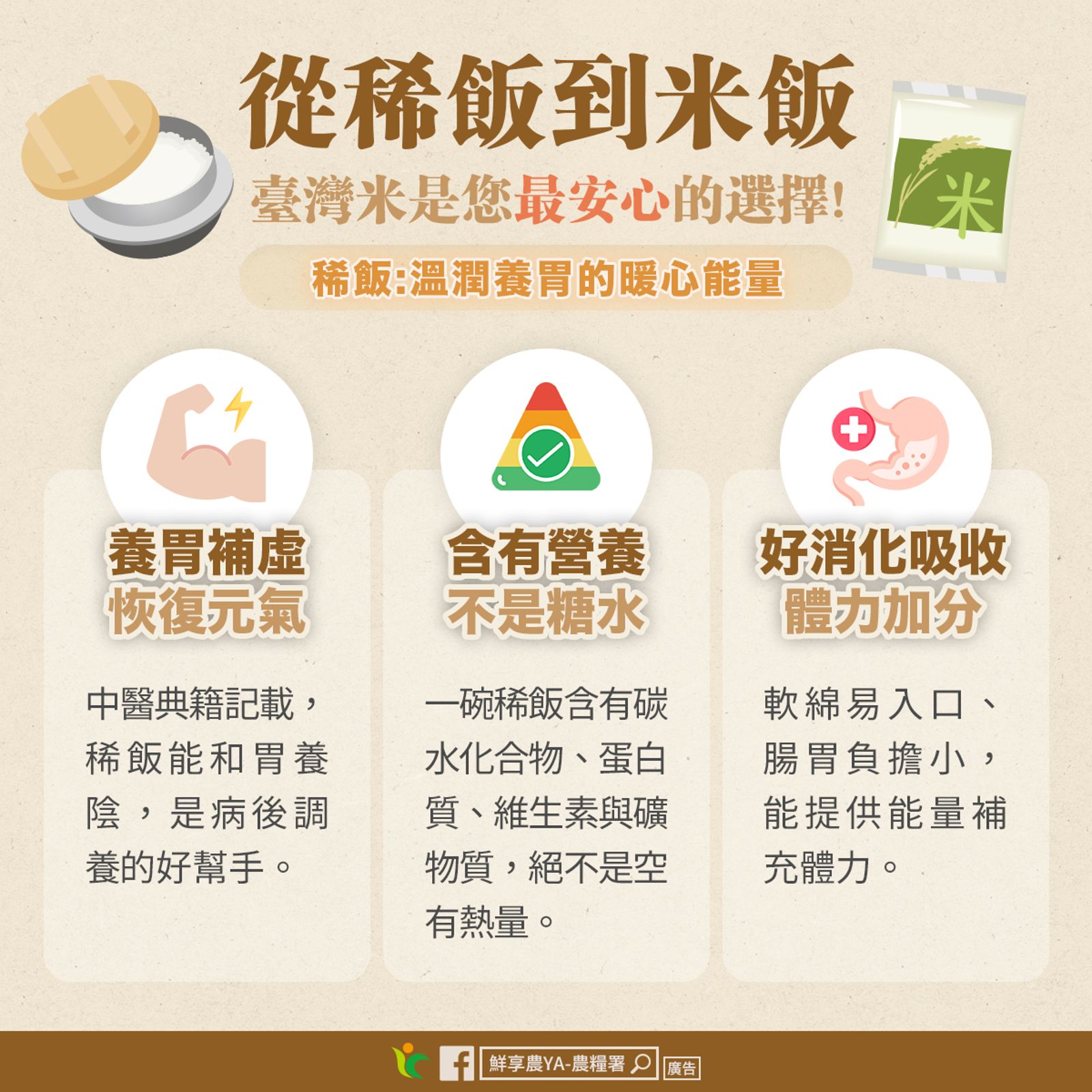 農糧署引用中醫典籍指出，稀飯是養胃、復元的好食物。圖／翻攝自「鮮享農YA - 農糧署」FB