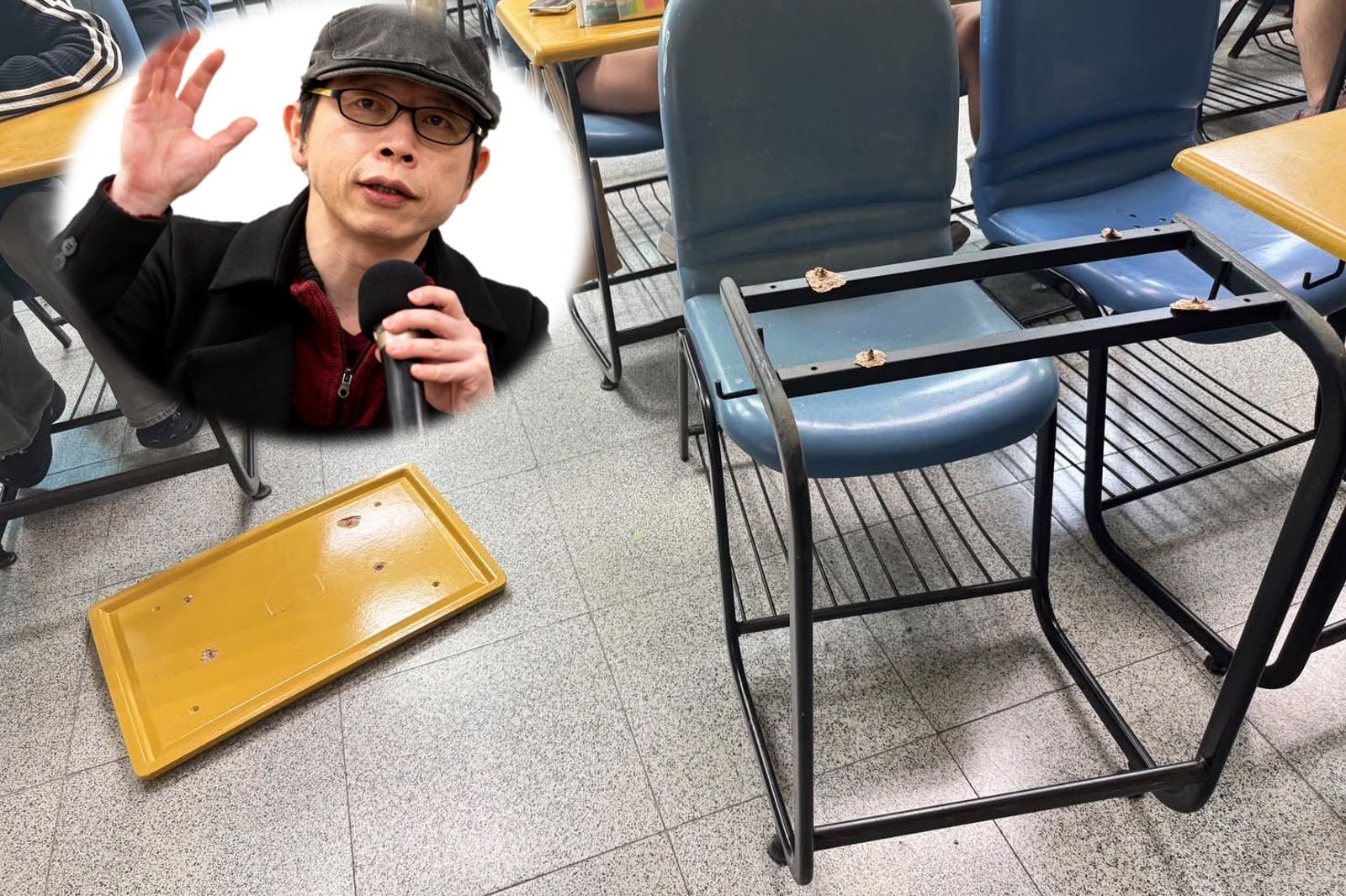 作家許榮哲受邀在亞大講課,卻因突然踢翻桌子的暴力行為引發關注。圖/翻攝threads p19_cye、fb許榮哲