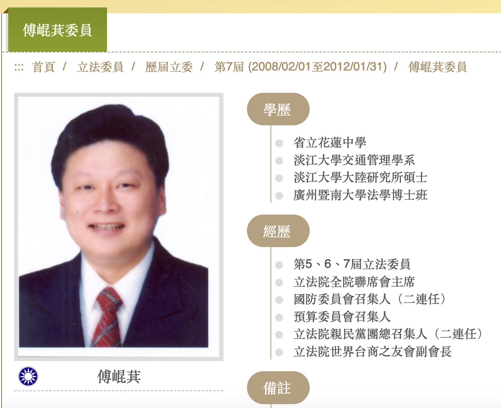 傅崐萁在第7屆立委(2008至2012)的學歷欄中,曾放上「廣州暨南大學法學博士班」,但到了第10屆(2020至2024)之後就悄悄拿掉。(圖/翻攝立法院官網)