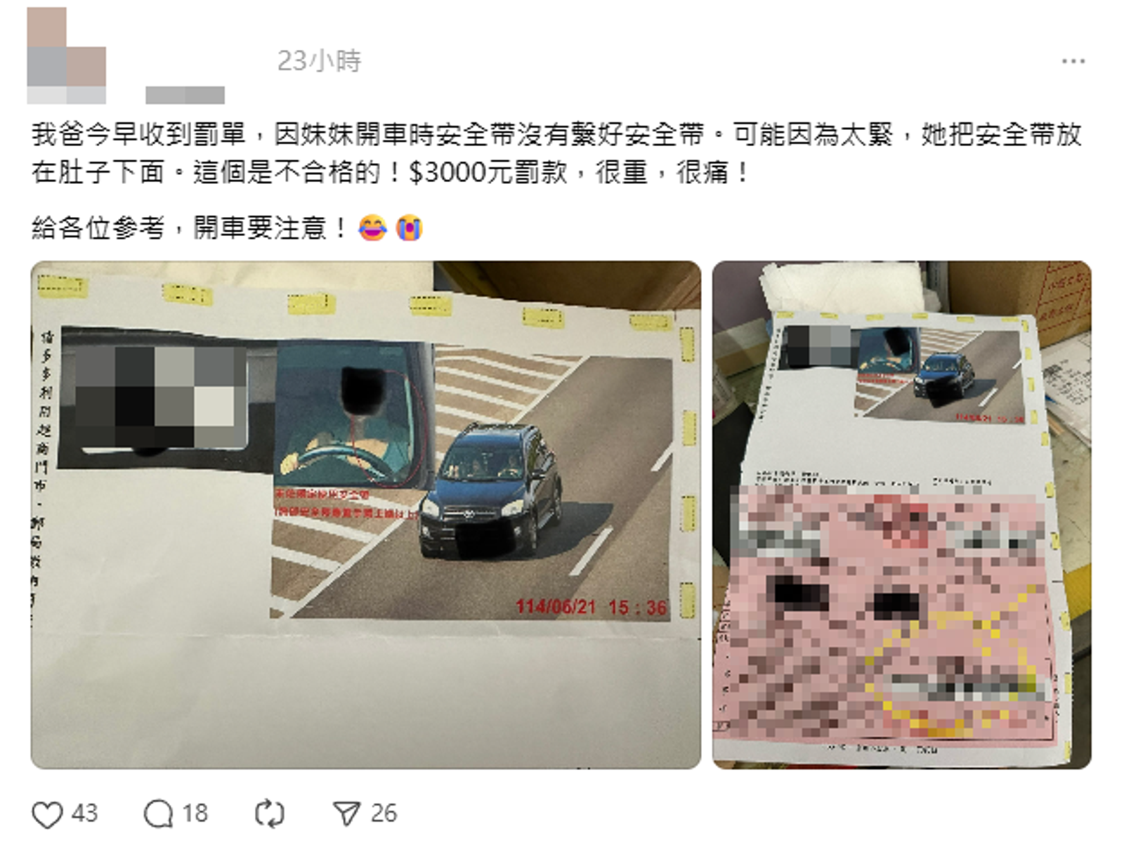 一名網友曬出罰單,卻遭痛批「駕駛副駕都是三寶」。圖/翻攝自Threads