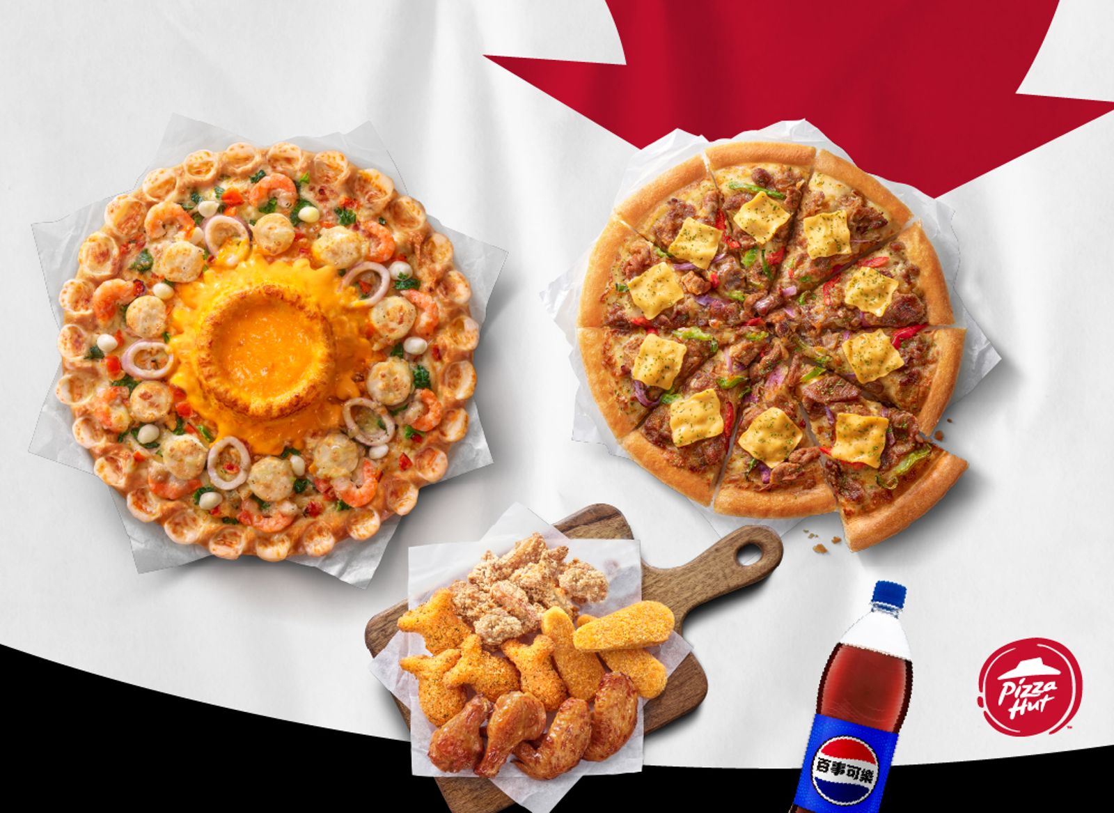 「火山拼盤餐」999元起開吃，能吃到一個大比薩+一個火山熔岩餅皮大比薩+Hot海陸小拼盤+飲料1.25L，現省751元。（必勝客供圖）