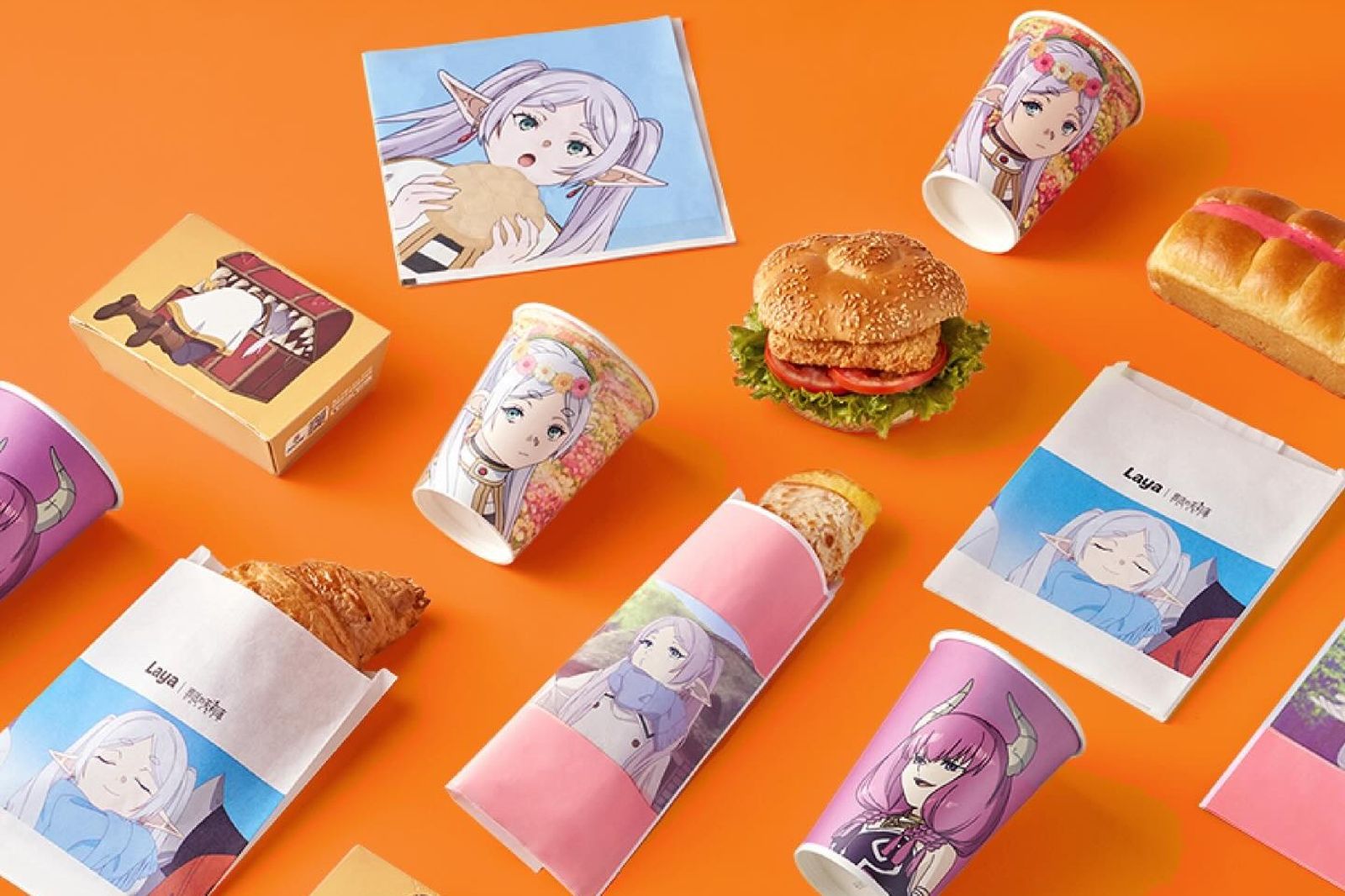 拉亞漢堡與人氣動畫《葬送的芙莉蓮》聯名推出6款限定包材。圖／拉亞漢堡