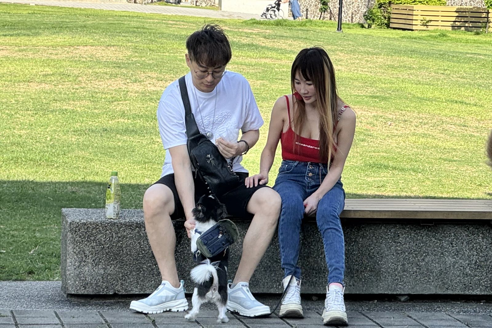 王宥忻(右)穿著火辣低胸背心與前夫翁承旭在公園遛狗。(讀者提供)