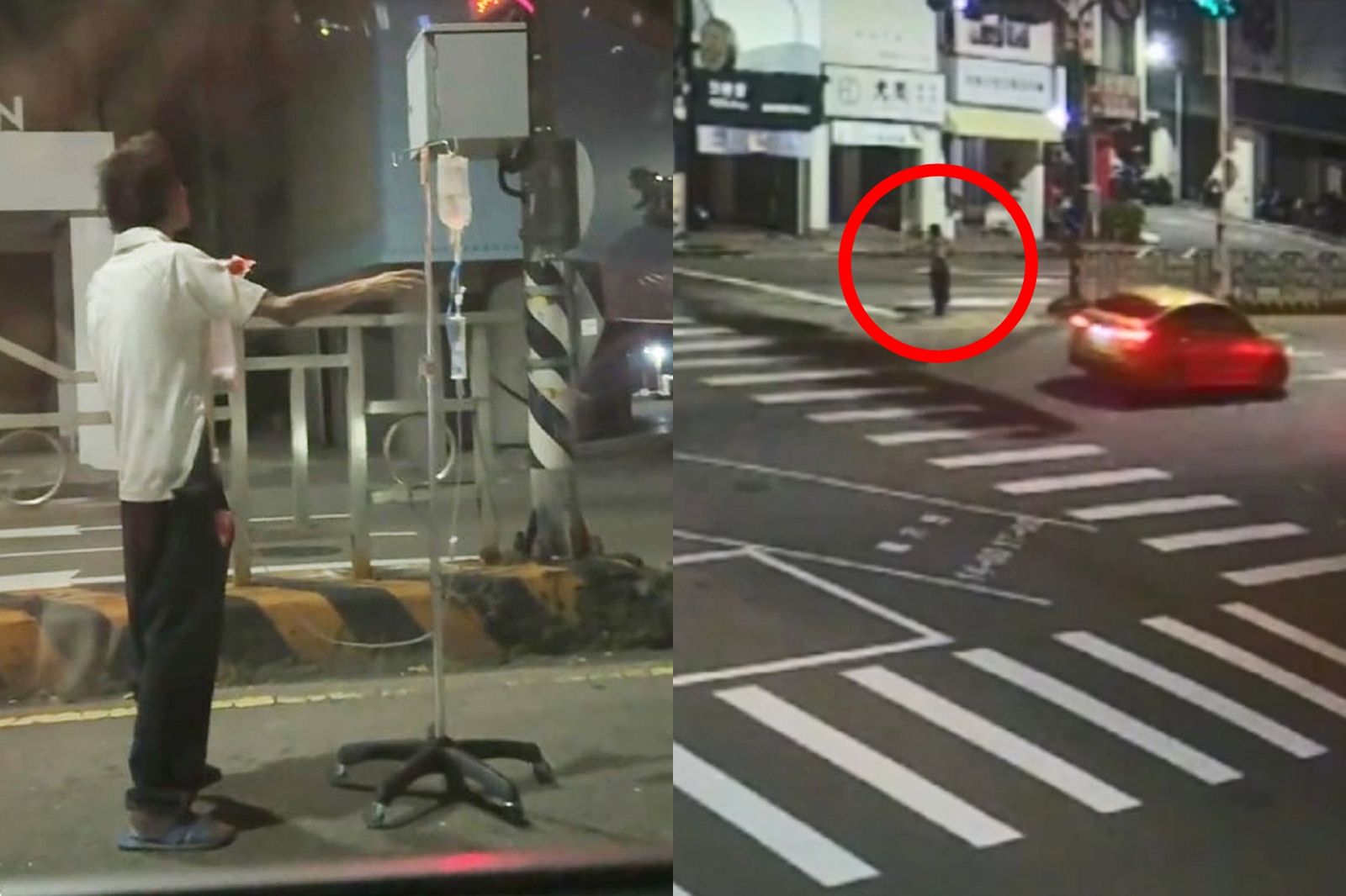 台中「點滴哥」深夜佇立路口險遭撞！路過駕駛狂閃躲嚇爛　目擊者：他腳都磨爛了