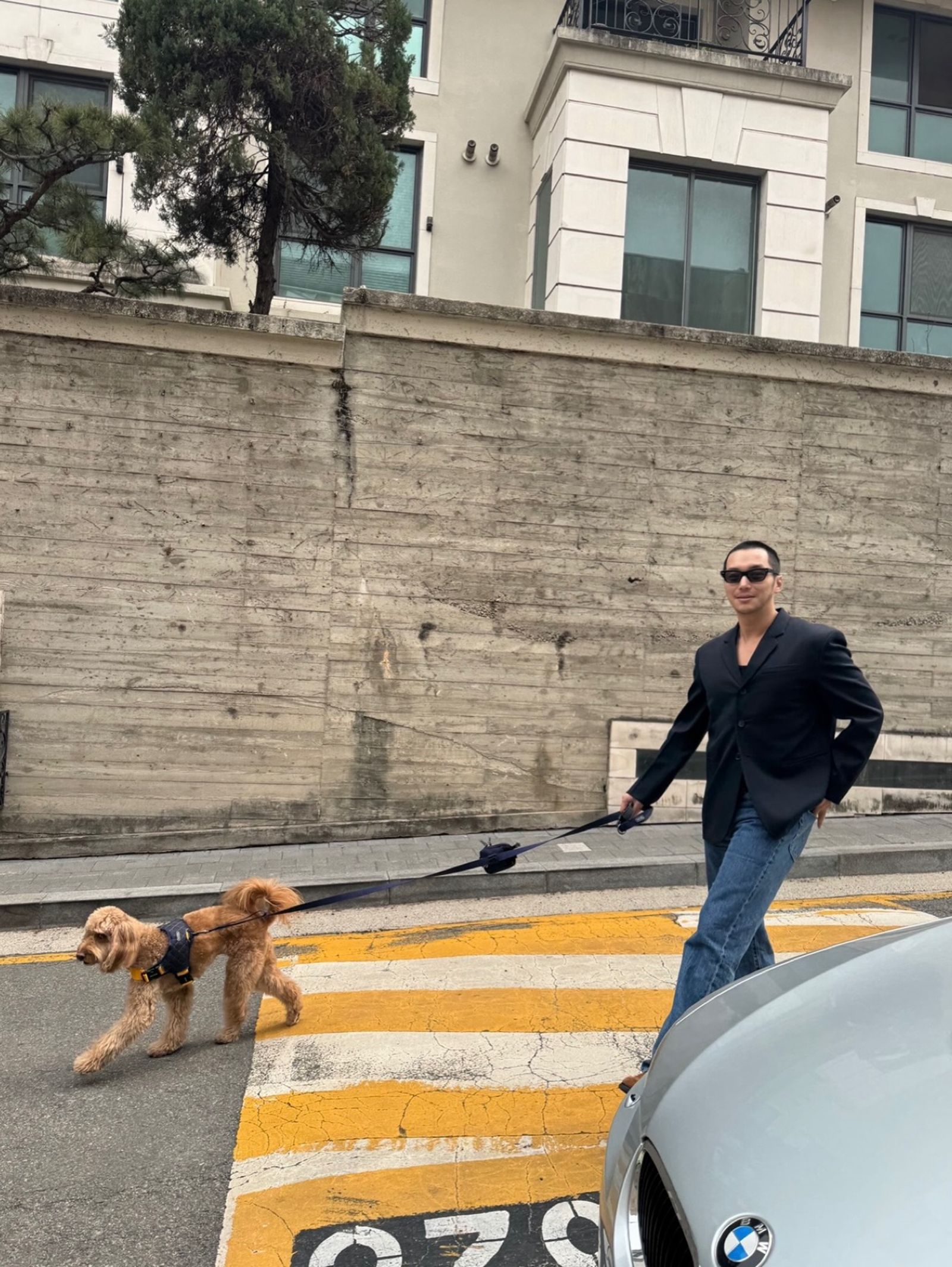 卞約漢很疼養了10年的愛犬福子,婚後夫妻一起遛狗。翻攝IG@byunyohan_official