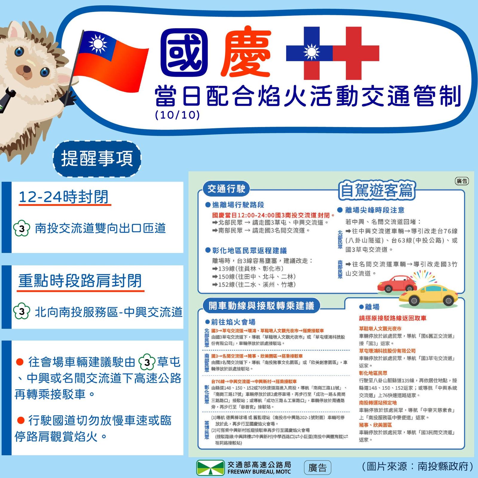 國慶煙火交通管制。圖/翻攝自FB/高速公路局