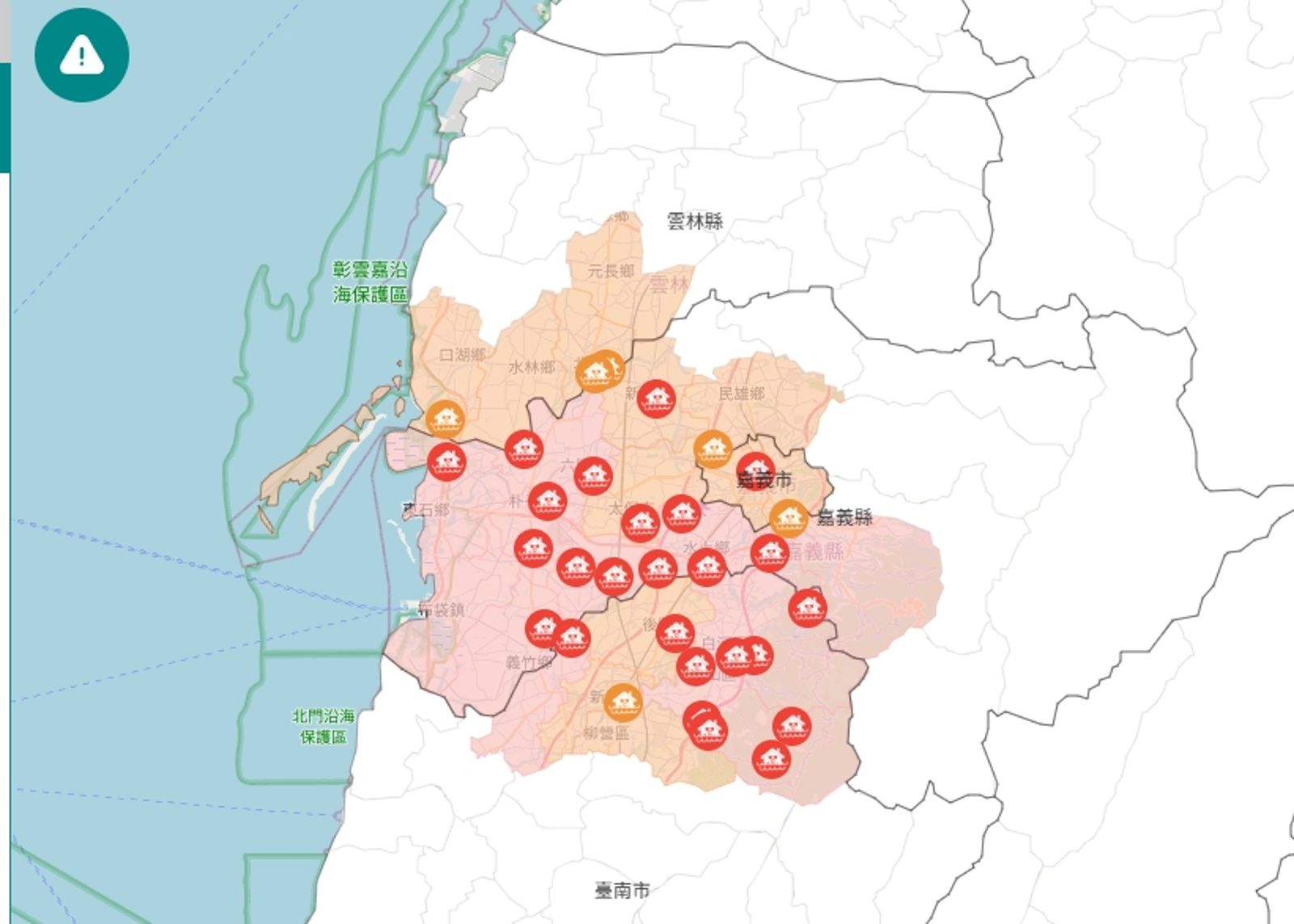 水利署發布雲林縣、嘉義縣、嘉義市、台南市發布淹水一級及二級警戒。圖/防災資訊服務網