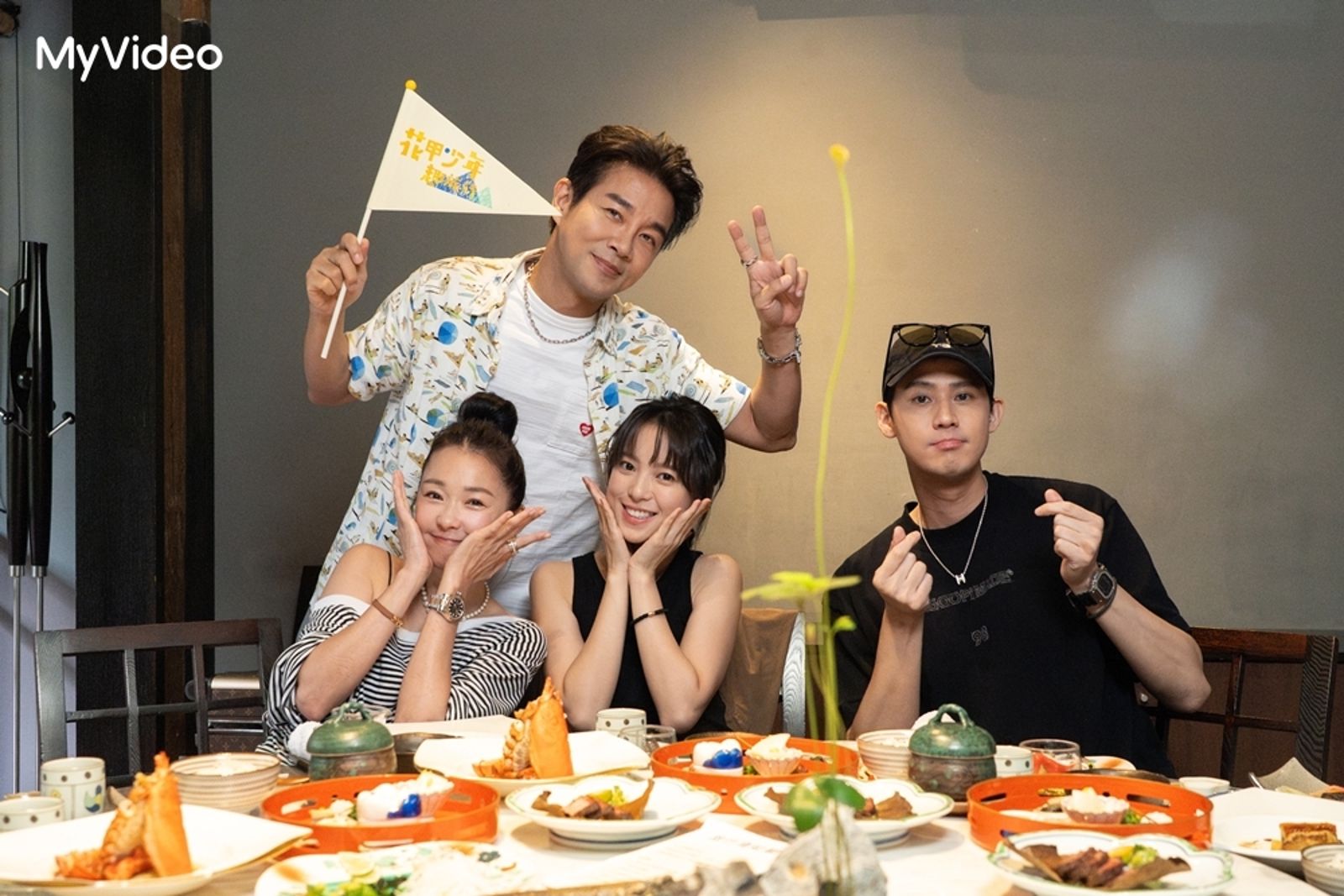 《花甲少年趣旅行》最新找來謝承均（左上）、六月（左下）、項婕如（中）與李玉璽（右）組成旅伴，攜手暢遊台中。台灣大哥大MyVideo提供