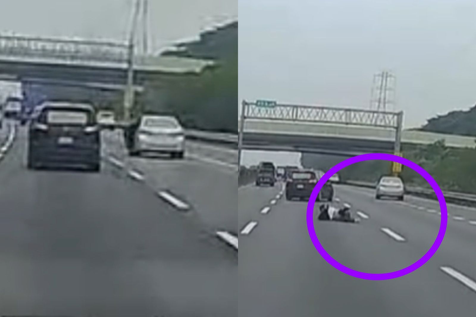 一名男子國道上翻滾多圈，所幸後方緊急剎車，無造成車禍。圖／翻攝自爆料公社