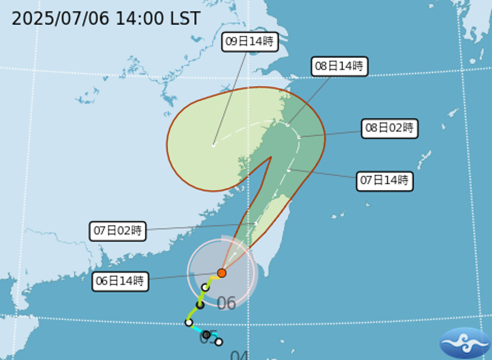 中颱丹娜絲下午4時最新路徑預測。圖/翻攝自中央氣象署