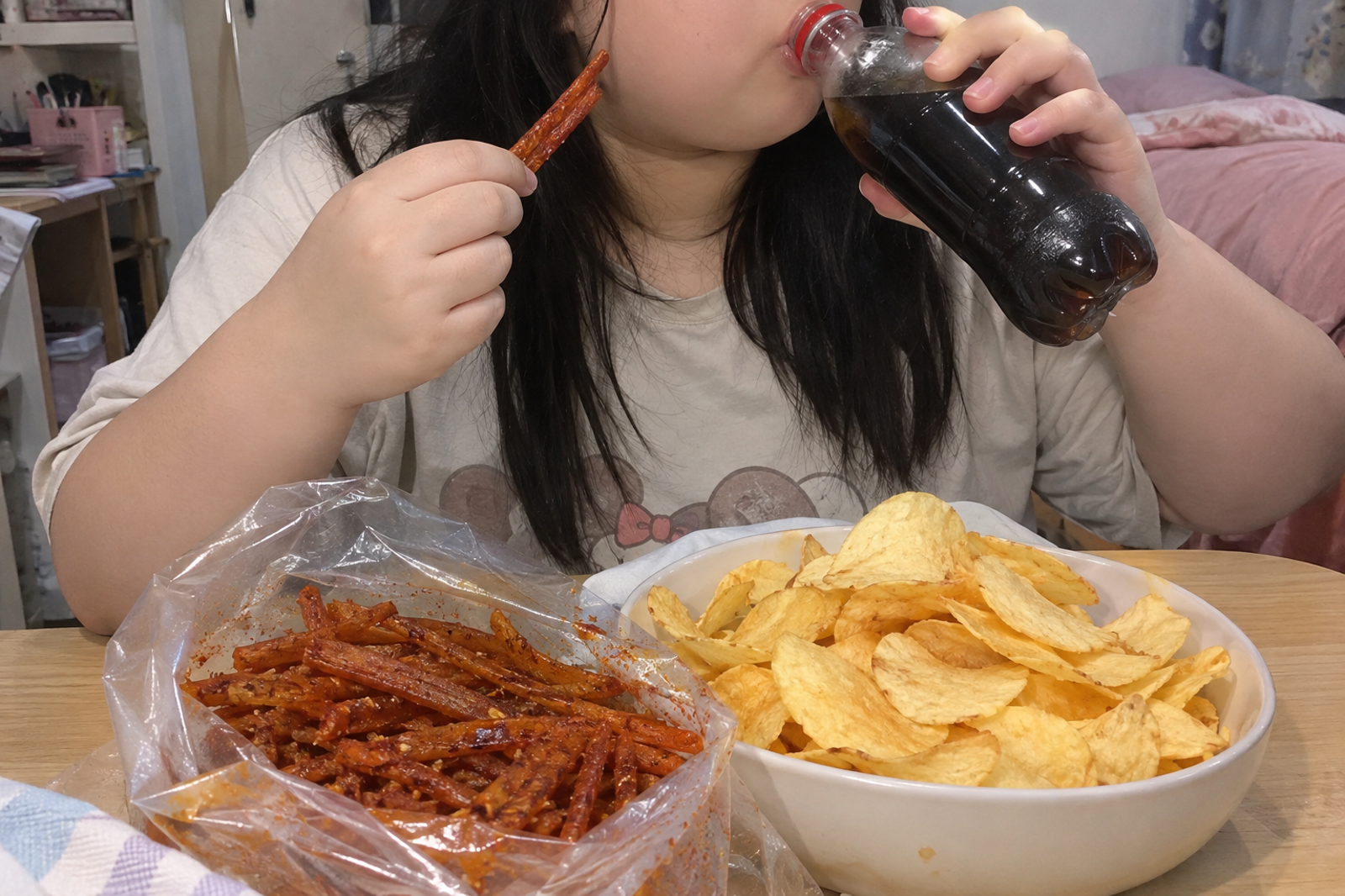中國一名15歲少女天天把辣條、洋芋片當正餐,結果長出10公分的肝臟腫瘤。示意圖/AI生成