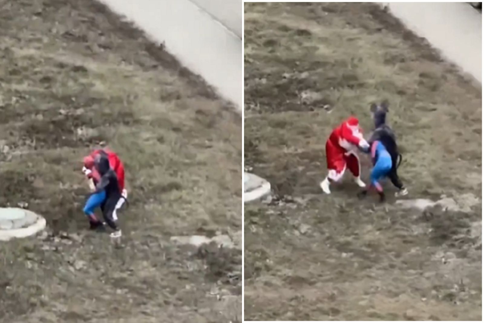 真神仙打架！聖誕老人、蜘蛛人、米奇瘋狂混戰　街頭大打出手