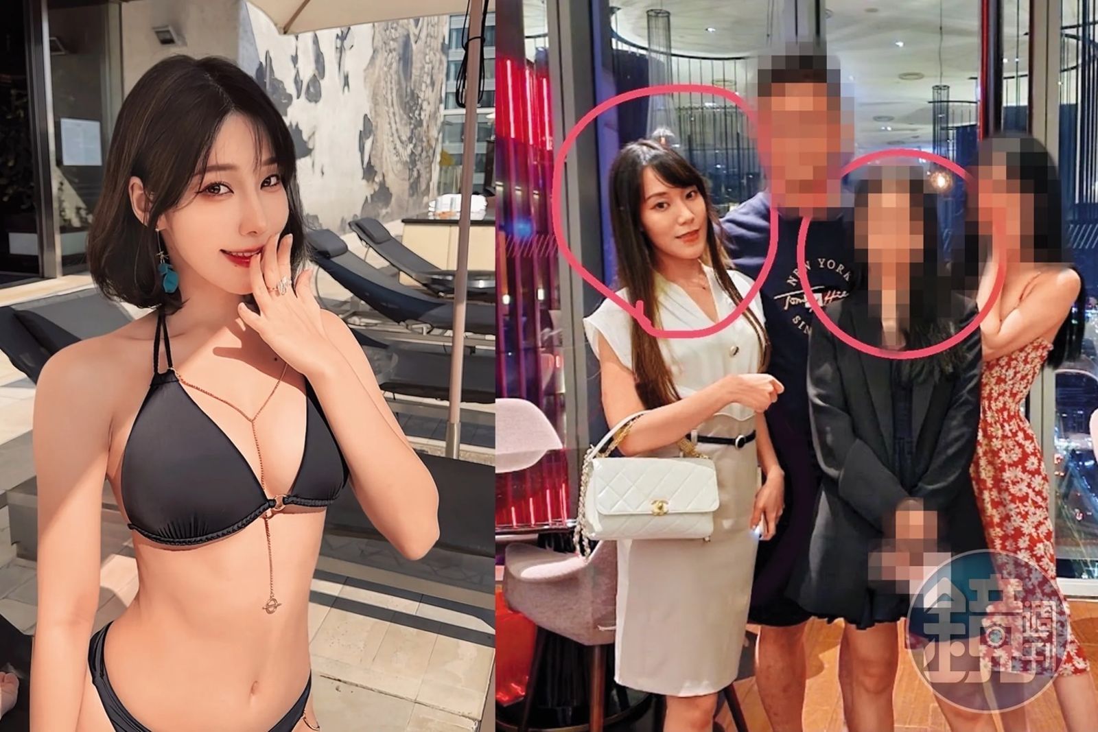 奈奈子（左一）帶著姐妹一起出席富商的五星級酒店飯局，而圖中有兩女（紅圈處）都被正宮發現有和富商的性愛影片。鏡週刊