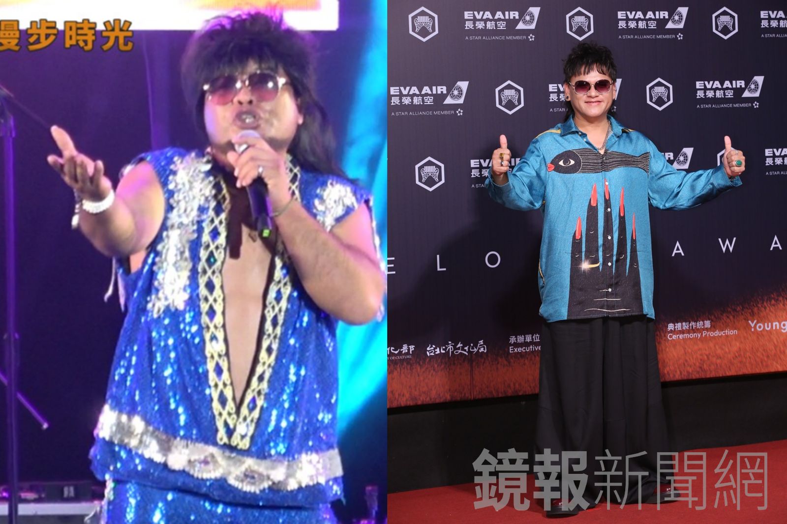 桑布伊（右）金曲獎上的藍衣墨鏡造型，被網友誤以為是巴大雄（左）。翻攝網路、劉耀勻攝