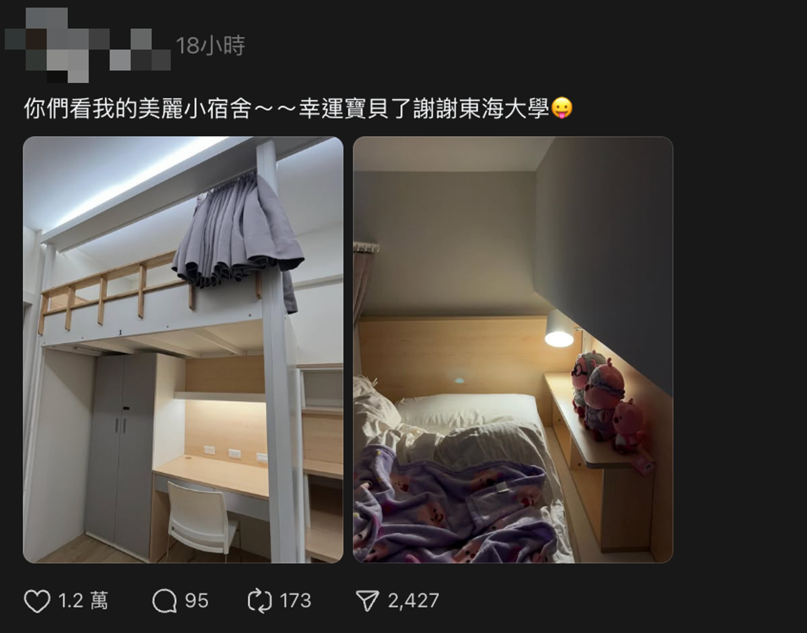 東海大學宿舍裝潢超新,每個人都有屬於自己的隱密空間。圖/翻攝自Threads