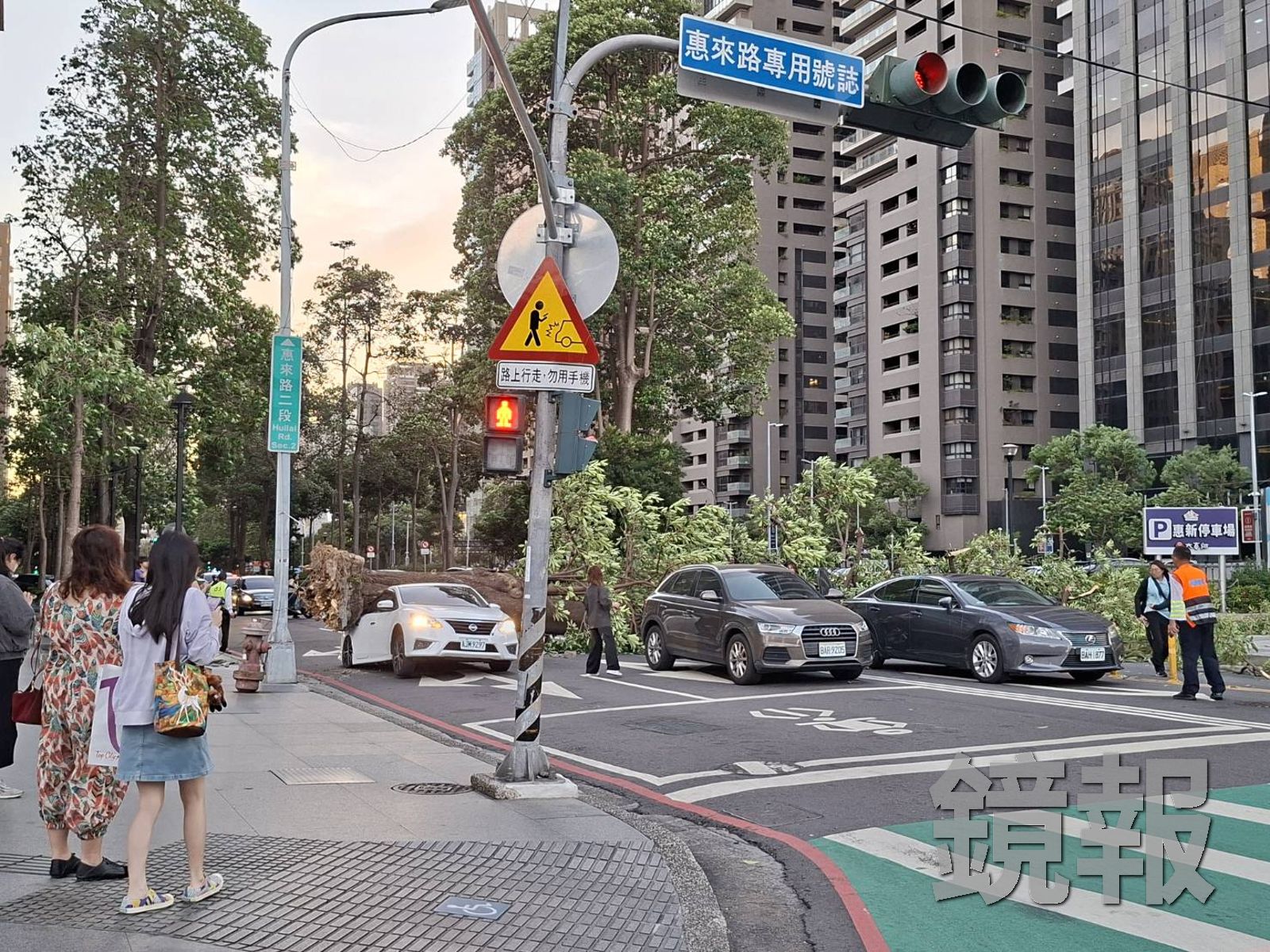 樹倒壓車的事故現場就在台中新光三越旁,轟然巨響嚇壞不少用路人。圖/民眾提供