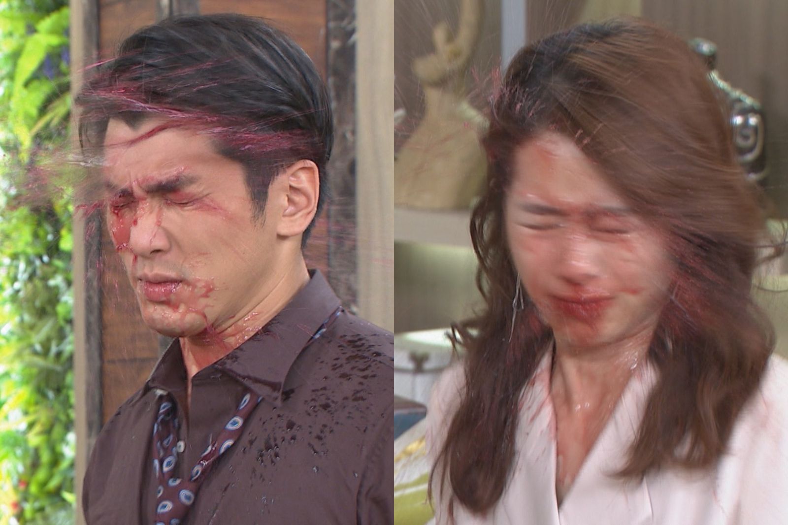 吳政澔(左)、程雅晨(右)劇中偷情慘遭潑紅酒。民視提供