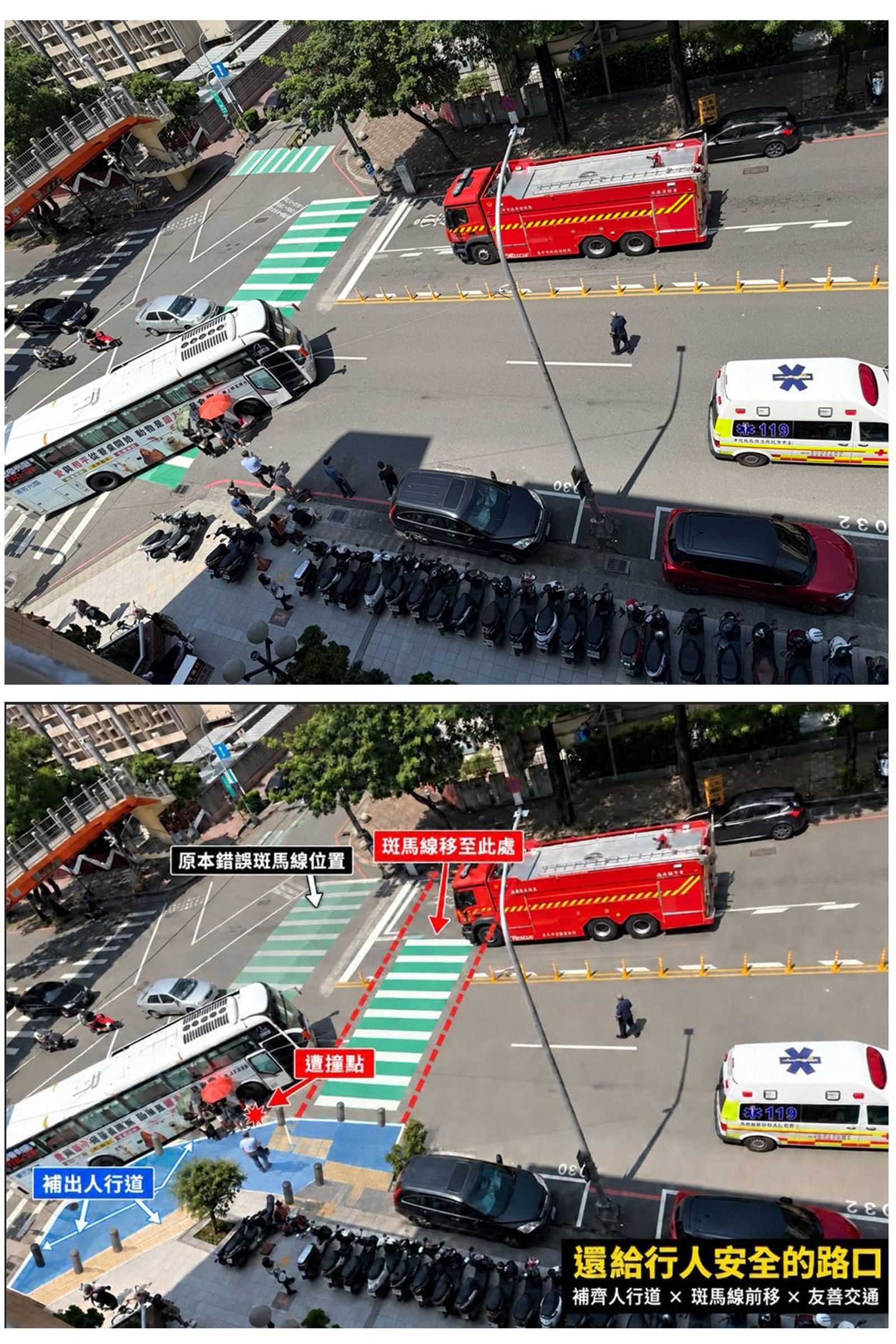國光客運車禍現場原況(上圖)與後製示意(下圖)，呈現行人穿越線退縮、加強人行道色塊的差異。圖／民眾提供、翻攝fb Money錢毅