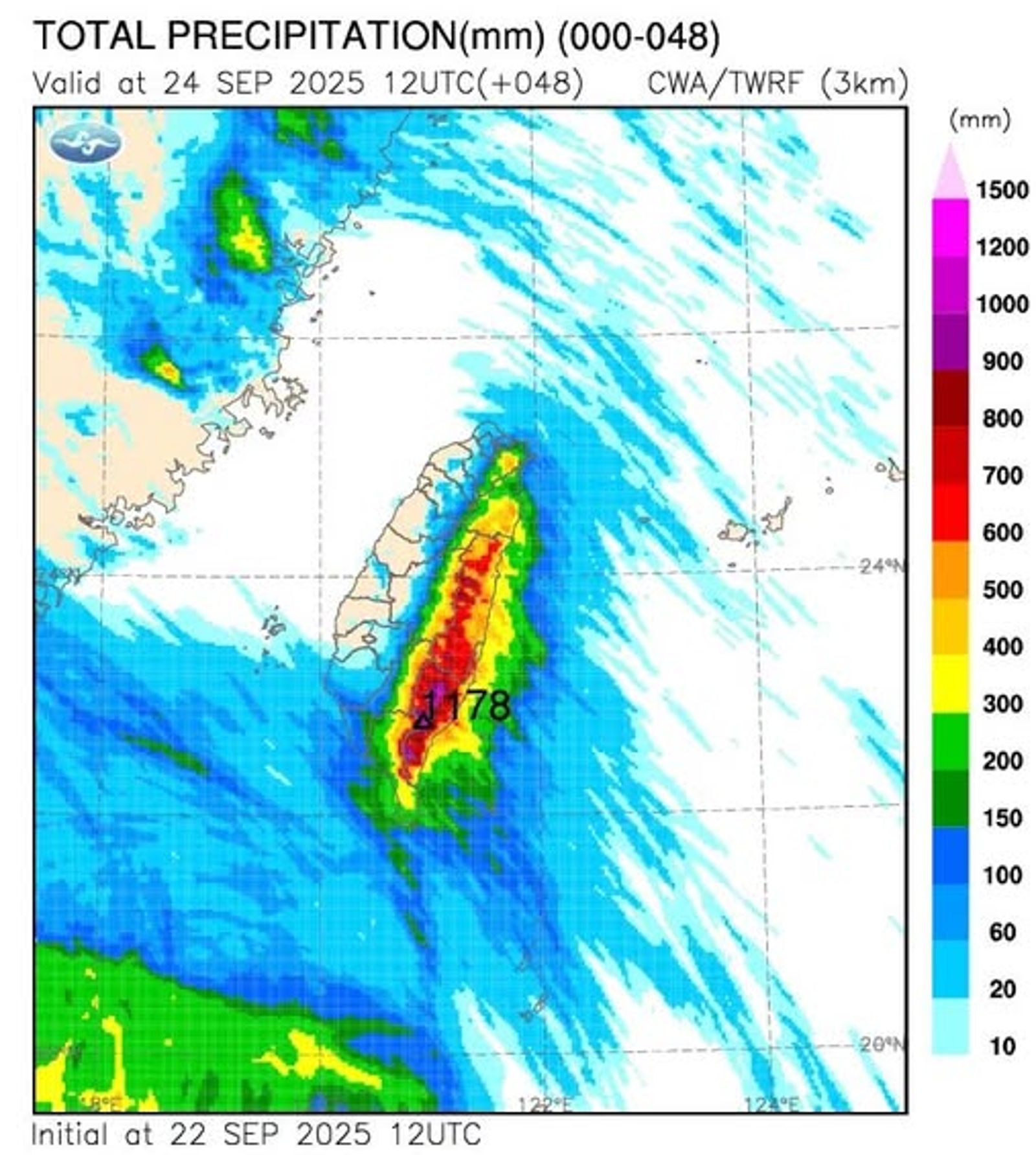 「觀天氣看天氣」預估到周三晚上8點累積雨量將達1000毫米以上，又以花東地區最為劇烈。圖／翻攝自「觀氣象看天氣」FB