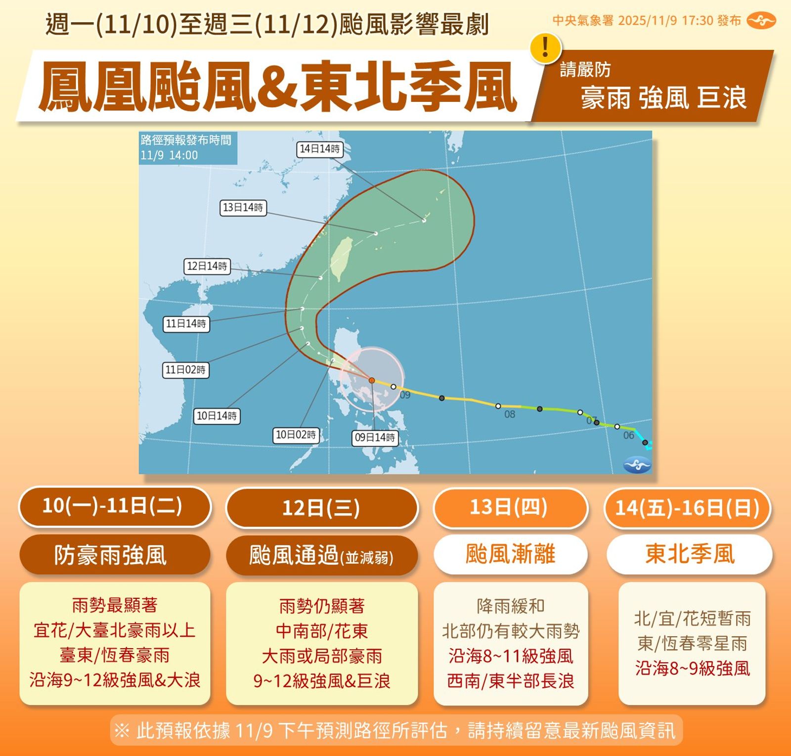 鳳凰颱風影響台灣時間表。圖／中央氣象署