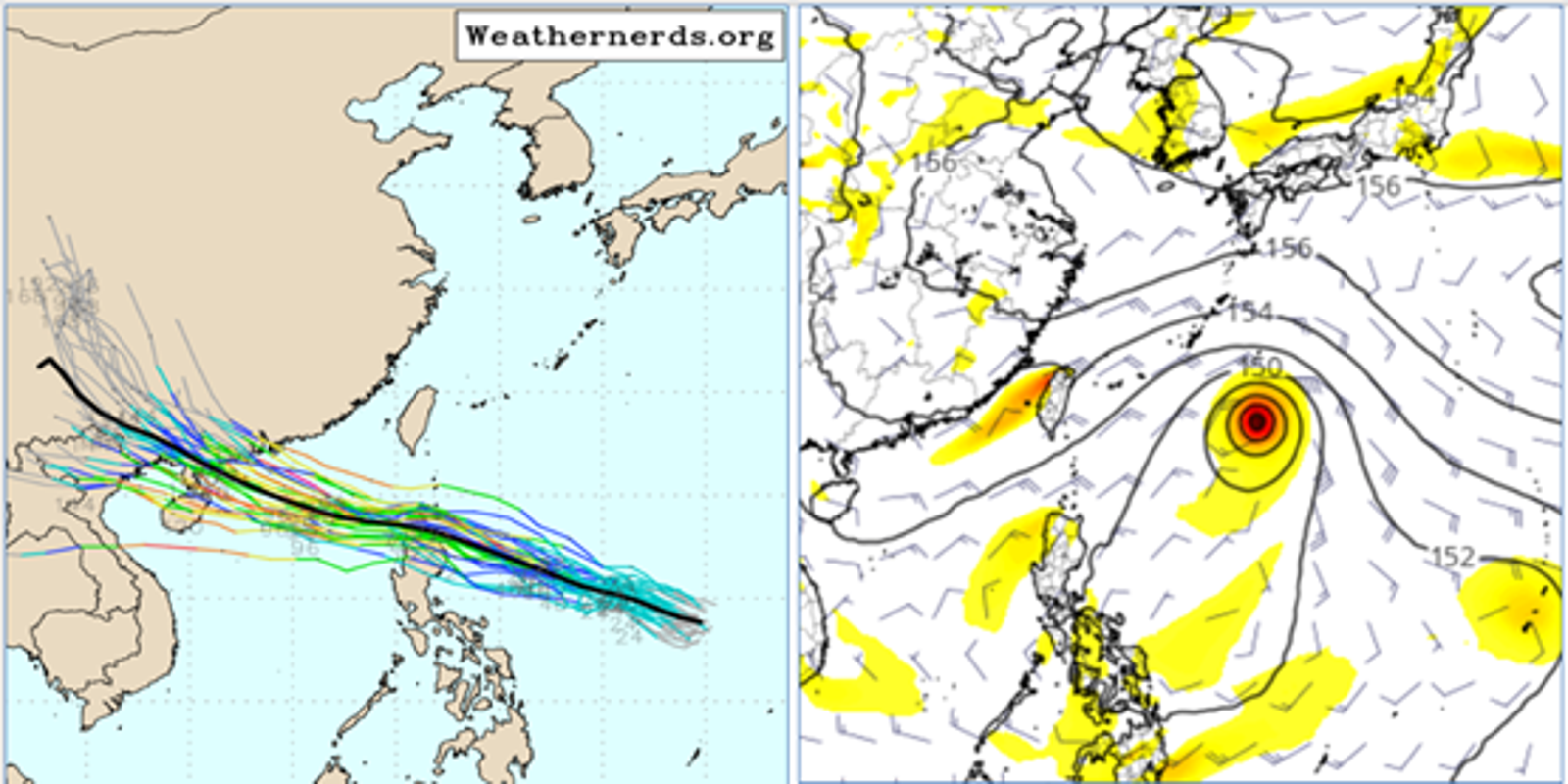 熱帶系統93W從菲律賓東方海面發展（左），但歐洲模式模擬圖顯示，台灣東方海面還有一熱帶擾動（右）。圖／翻攝自weathernerds、tropical tidbits