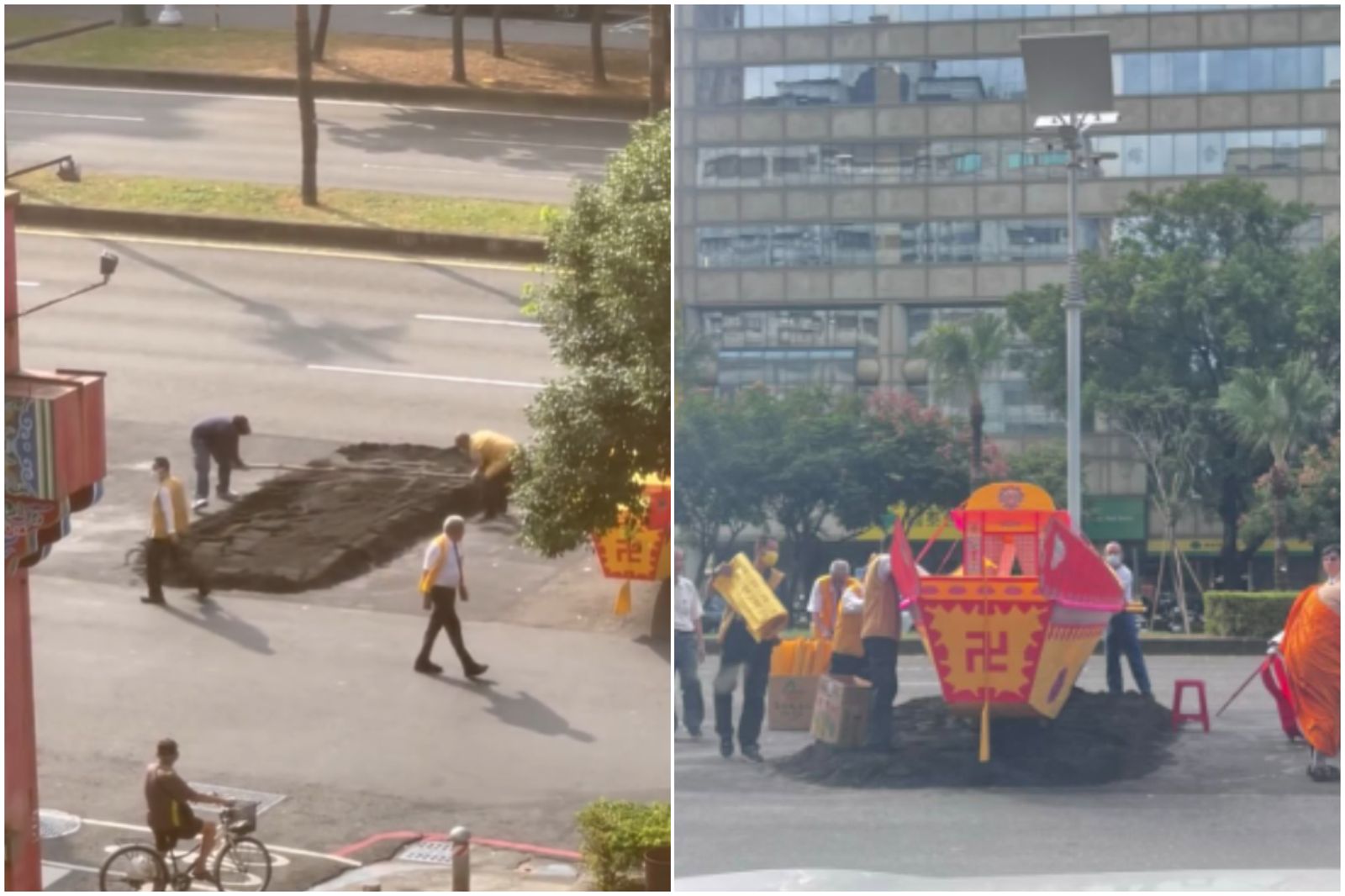 廟方大動作鋪沙土、擺放紙船當場燒掉。圖／Threads Katrina Wang@ pii_mu05