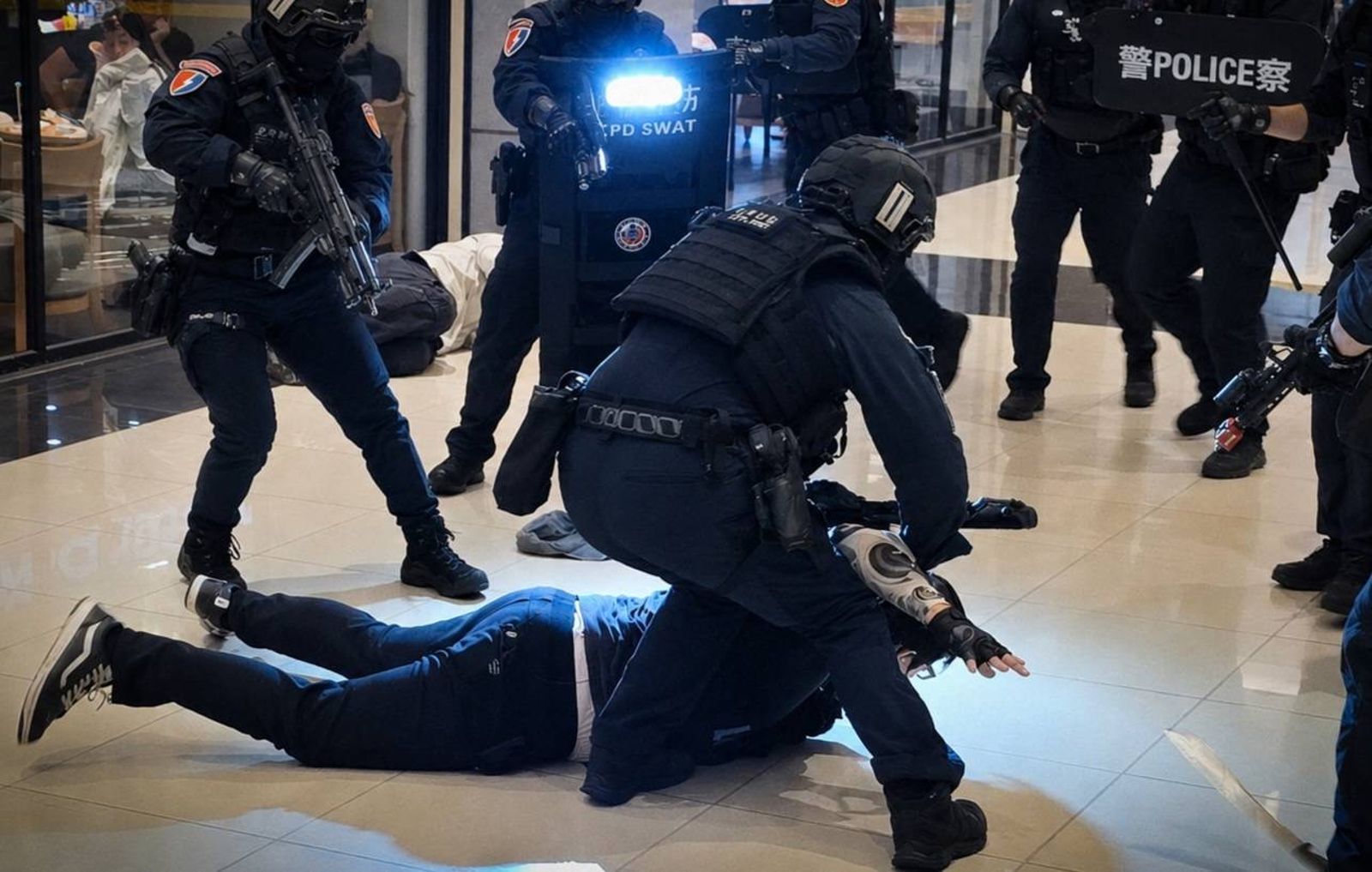 嫌犯慘遭優勢警力壓制逮補。翻攝畫面