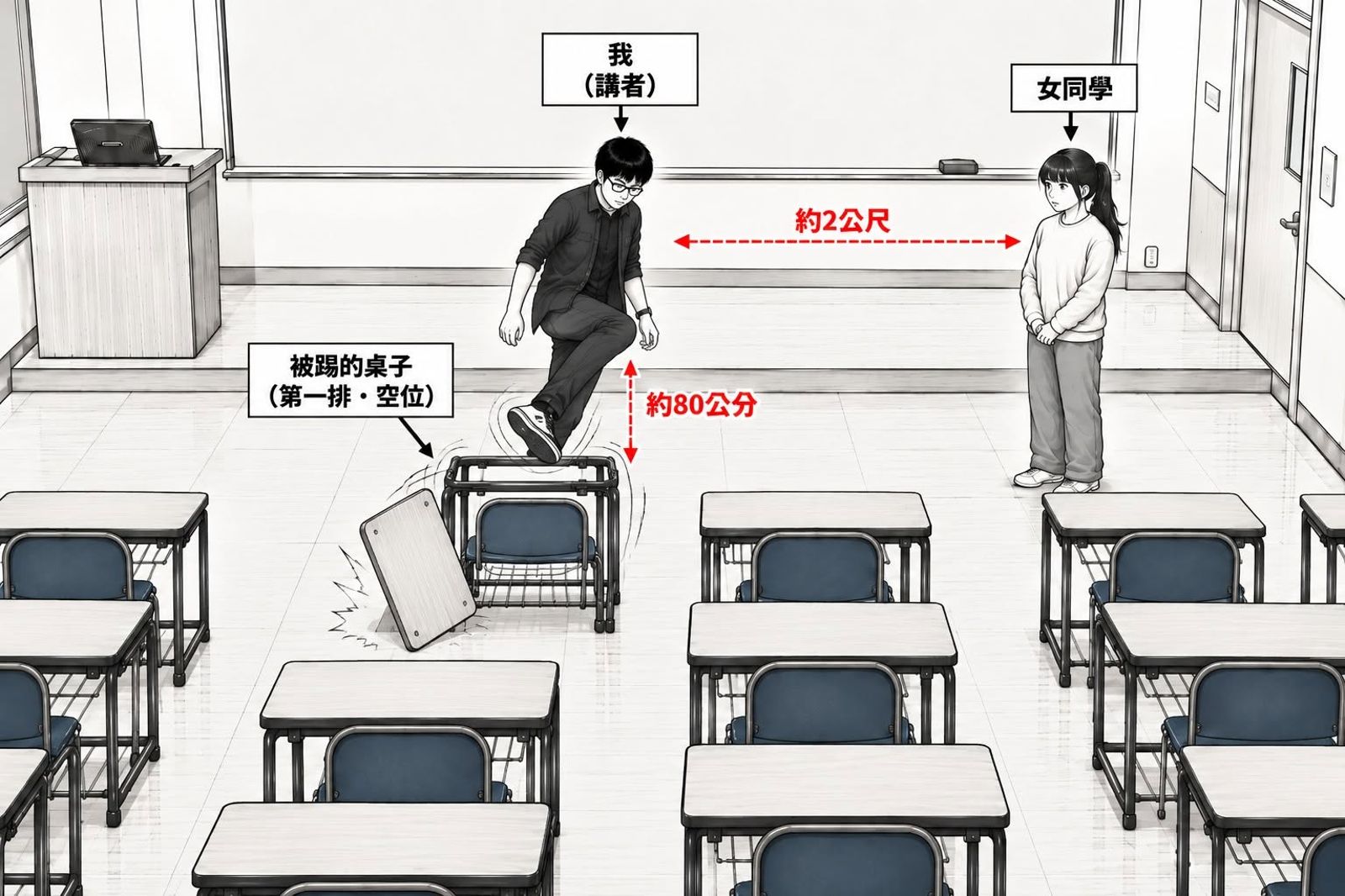 許榮哲自製圖卡,透過臉書說明當時他踢桌時的情況,以及與女學生的相對位置。圖/翻攝fb許榮哲