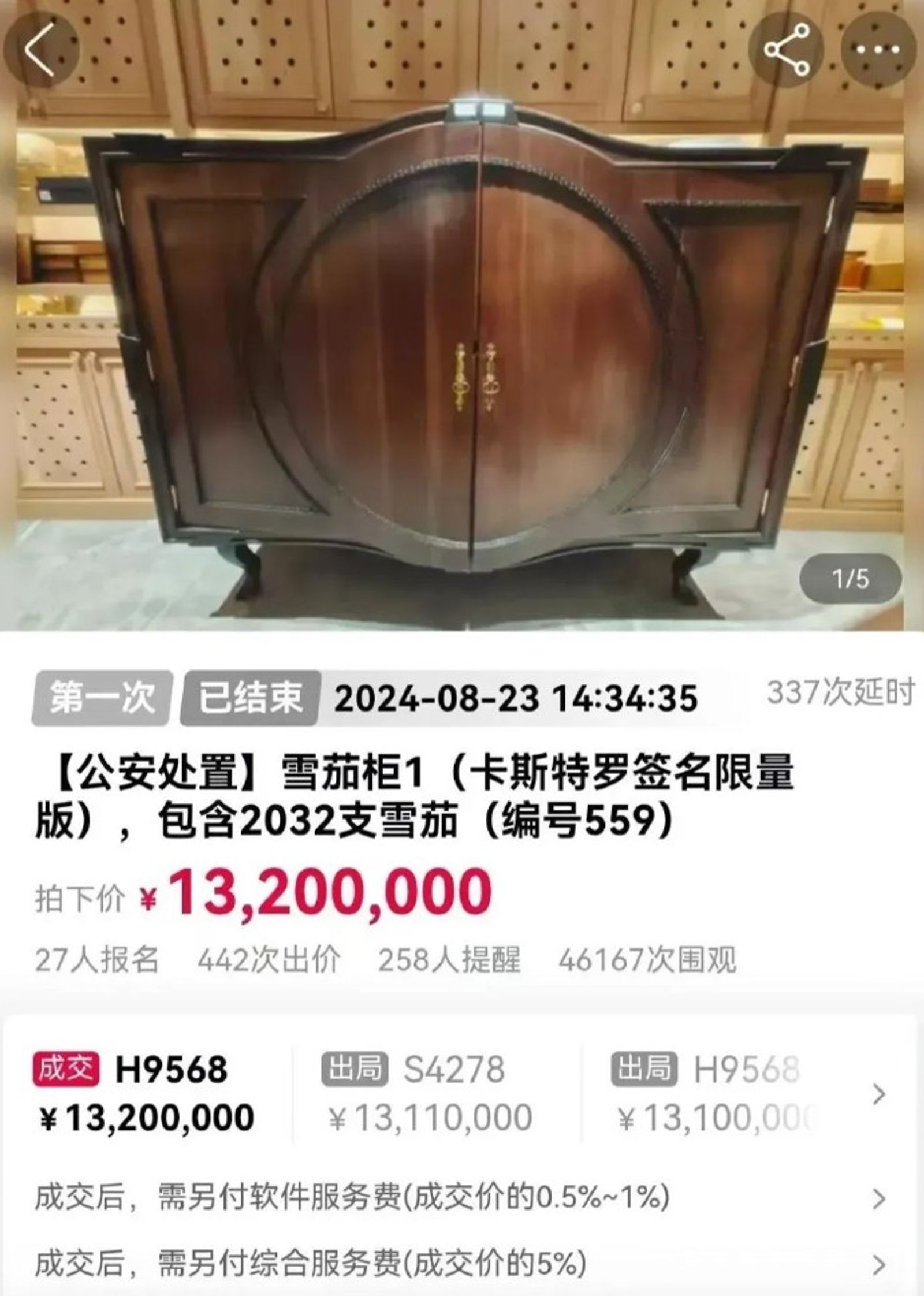 詹浩禮的雪茄櫃以1320萬人民幣拍出。圖／翻攝自微博